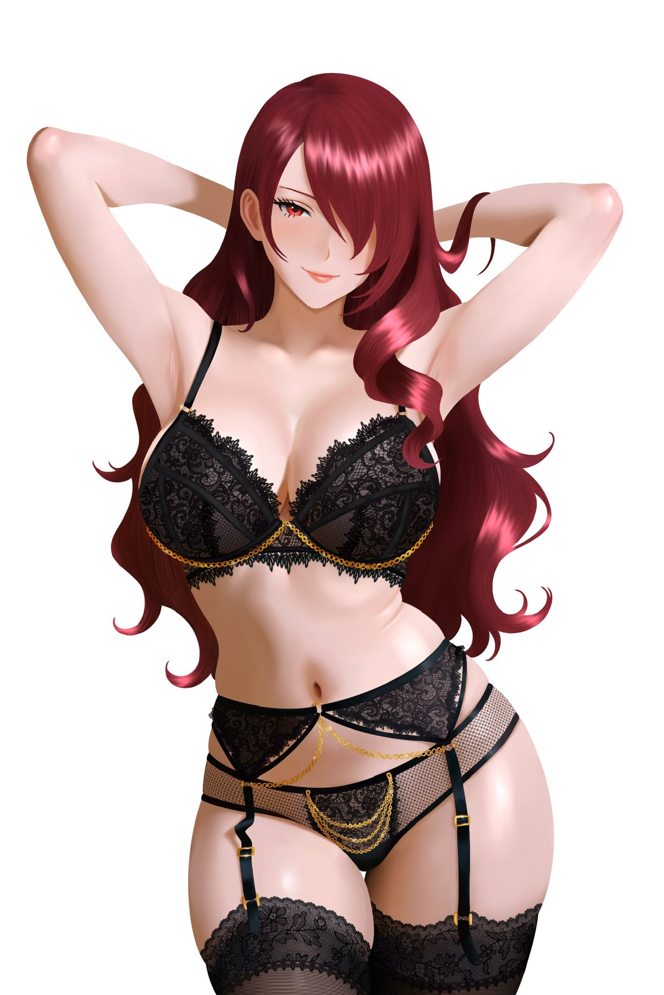 1girls, armpits, arms behind head, atlus, big breasts, black bra, black panties, black thighhighs, bottomwear, bra, breasts, cleavage, female, female only, garter belt, garter straps, hair, hair over one eye, hips, lace, lace trim, lace-trimmed bra, lace-trimmed garter belt, lace-trimmed panties, lace-trimmed thighhighs, legwear, lingerie, lips, long hair, mikan zakuro, mitsuru kirijo, panties, persona, persona 3, red eyes, red hair, smile, solo, solo female, thighhighs, thighs, topwear, white background