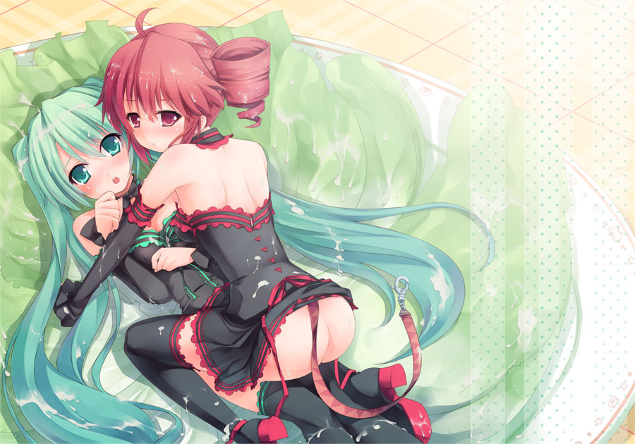 aqua_eyes aqua_hair ass boots bukkake cum cum_on_clothes detached_sleeves drill_hair elbow_gloves female food gloves hatsune_miku in_food kasane_teto long_hair looking_at_viewer minigirl multiple_girls no_panties red_eyes red_hair short_hair thigh_boots thighhighs tied_hair twintails utau vocaloid yumeno_mikan yuri