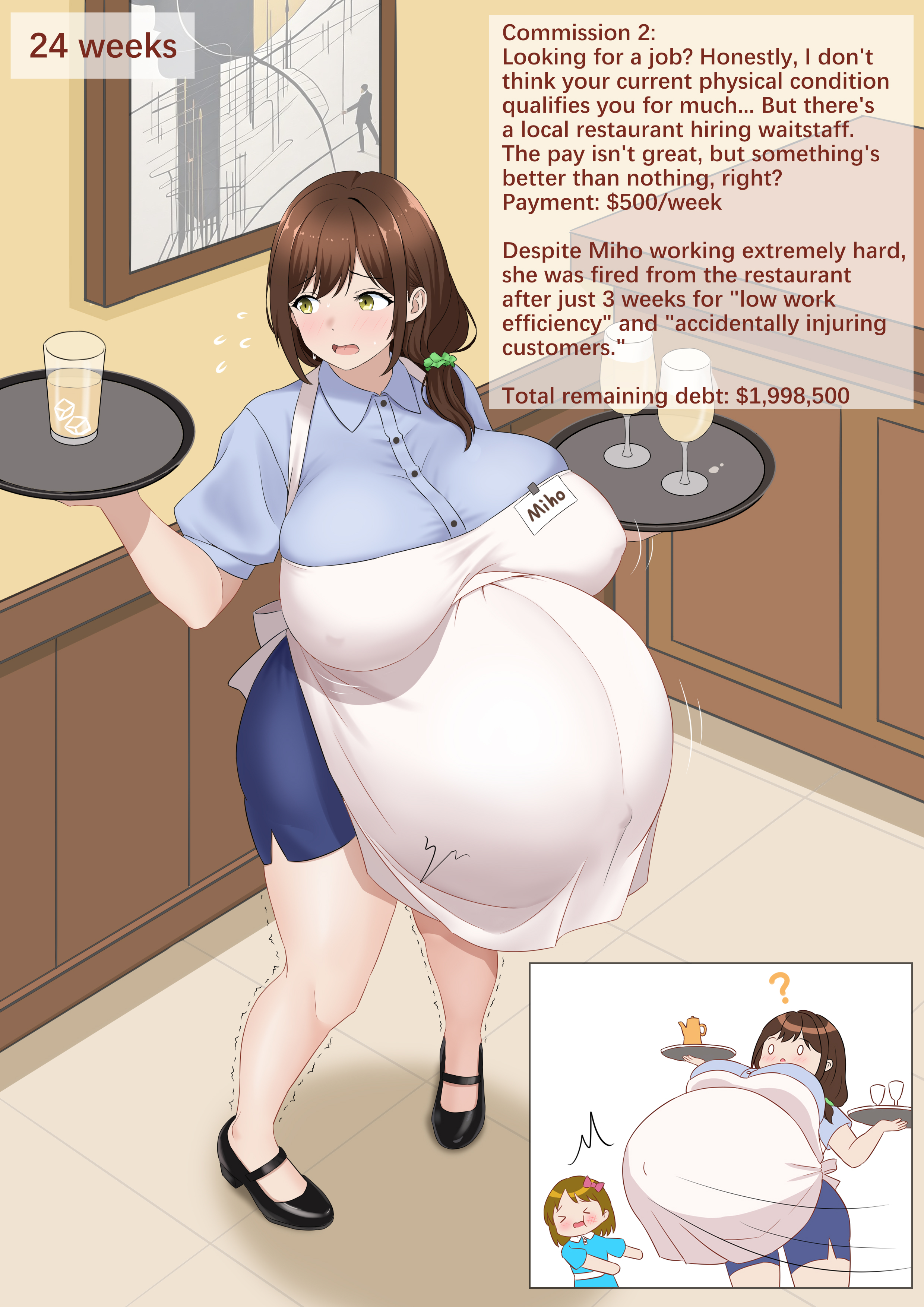 1girls, accident, big belly, big breasts, bloated belly, blush, brown hair, clothed, clothing, clumsy, debt, female, green eyes, heavily pregnant, kabuto (pixiv), milf, nipple bulge, pregnancy, pregnancy progression, pregnant, pregnant with multiples, surrogate, waitress