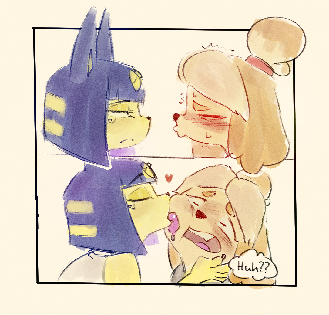 2koma, animal crossing, ankha, ankha (animal crossing), before sex, blush, blushing female, canine, cat ears, catgirl, couple, couple (romantic), couple love, couple sex, dog ears, dog girl, embarrassed, embarrassed female, feline, furry, furry female, furry only, isabelle (animal crossing), kissing, kissing cheek, lesbian couple, lesbian kiss, lick kiss, licking cheek, love, love making, nintendo, pre-sex, shy, shy expression, trashyy, yuri