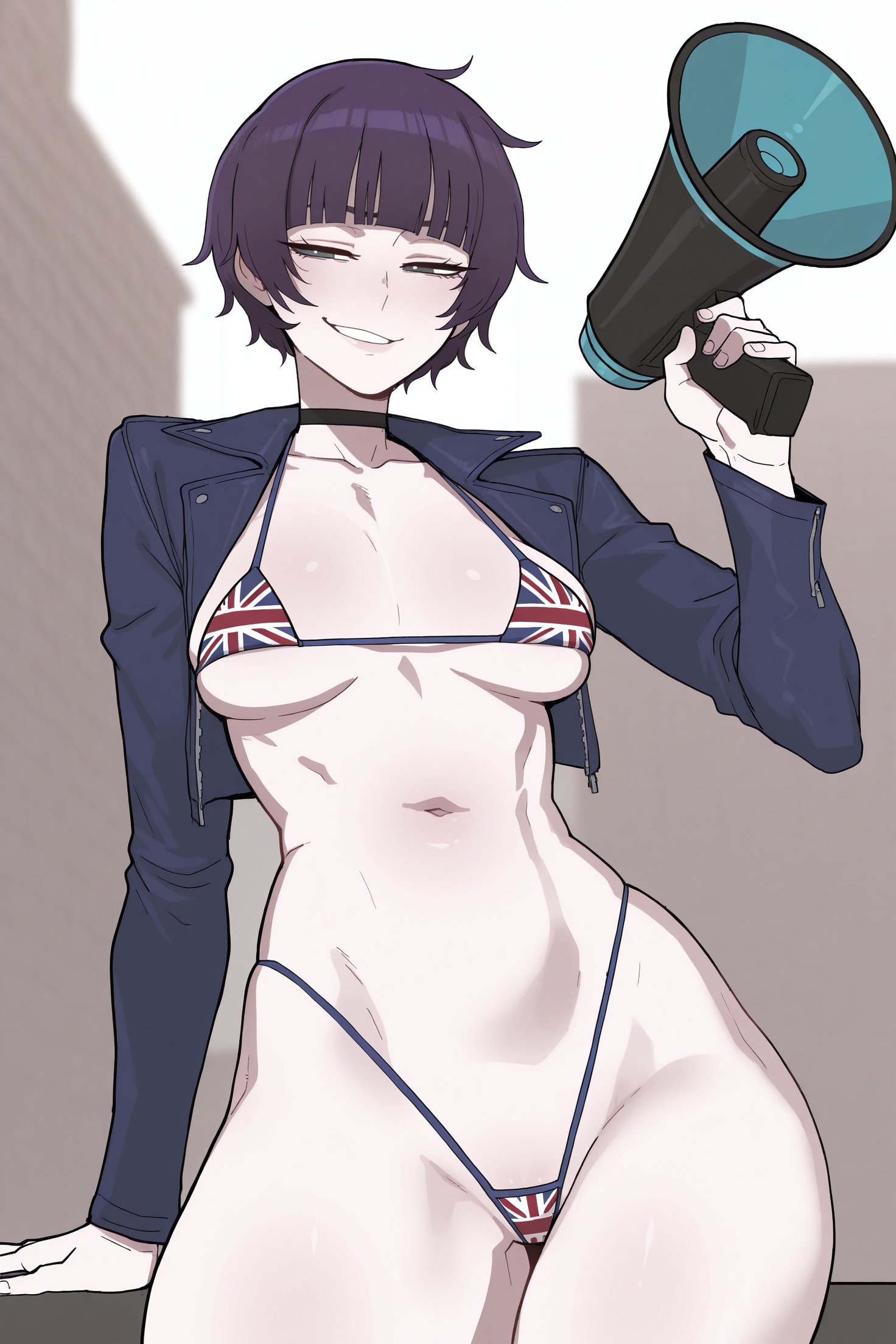 1girls, 2026, 2d, ai generated, amelia (pathways), arm support, bikini, black jacket, choker, contrapposto, cropped jacket, english commentary, half-closed eyes, highres, holding, megaphone, navel, outdoors, pathways (game), purple eyes, purple hair, short hair, small breasts, smug, solo female, thick thighs, union jack bikini, usagisanworks