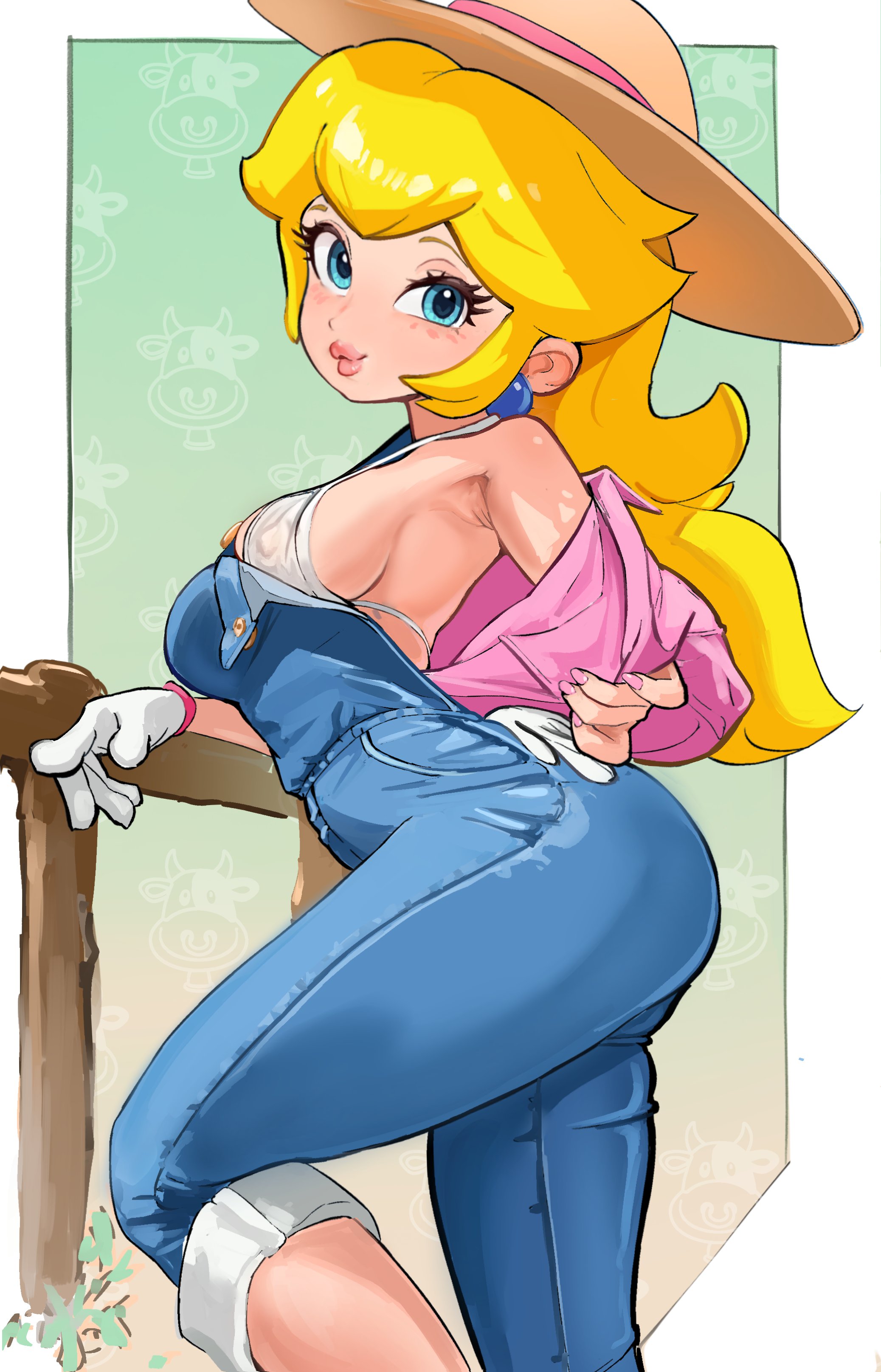 absurdres, armpit crease, ass, bikini, bikini top only, blonde hair, blue eyes, blue overalls, boots, breasts, commentary, denim, earrings, english commentary, eyelashes, female, female only, from side, gloves, hat, highres, jewelry, large breasts, leg up, lips, long hair, looking at viewer, mario (series), mario kart, mario kart world, mineru128127, nail polish, nintendo, opened by self, overalls, pink boots, pink nails, pink shirt, princess peach, princess peach (farmer), shirt, sideboob, single glove, smile, sphere earrings, sun hat, swimsuit, undressing, white bikini, white gloves