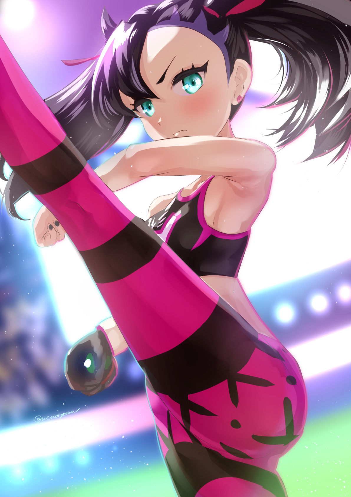 1girls, armpits, asymmetrical bangs, bare arms, black hair, black nails, blurry, blurry background, blush, breasts, closed mouth, commentary request, earrings, eyelashes, female, female only, floating hair, gloves, green eyes, hair ribbon, highres, holding, jewelry, leg up, looking at viewer, marnie (pokemon), nail polish, nintendo, pokemon, pokemon swsh, ribbon, signature, single glove, small breasts, standing, standing on one leg, uenoryoma, watermark