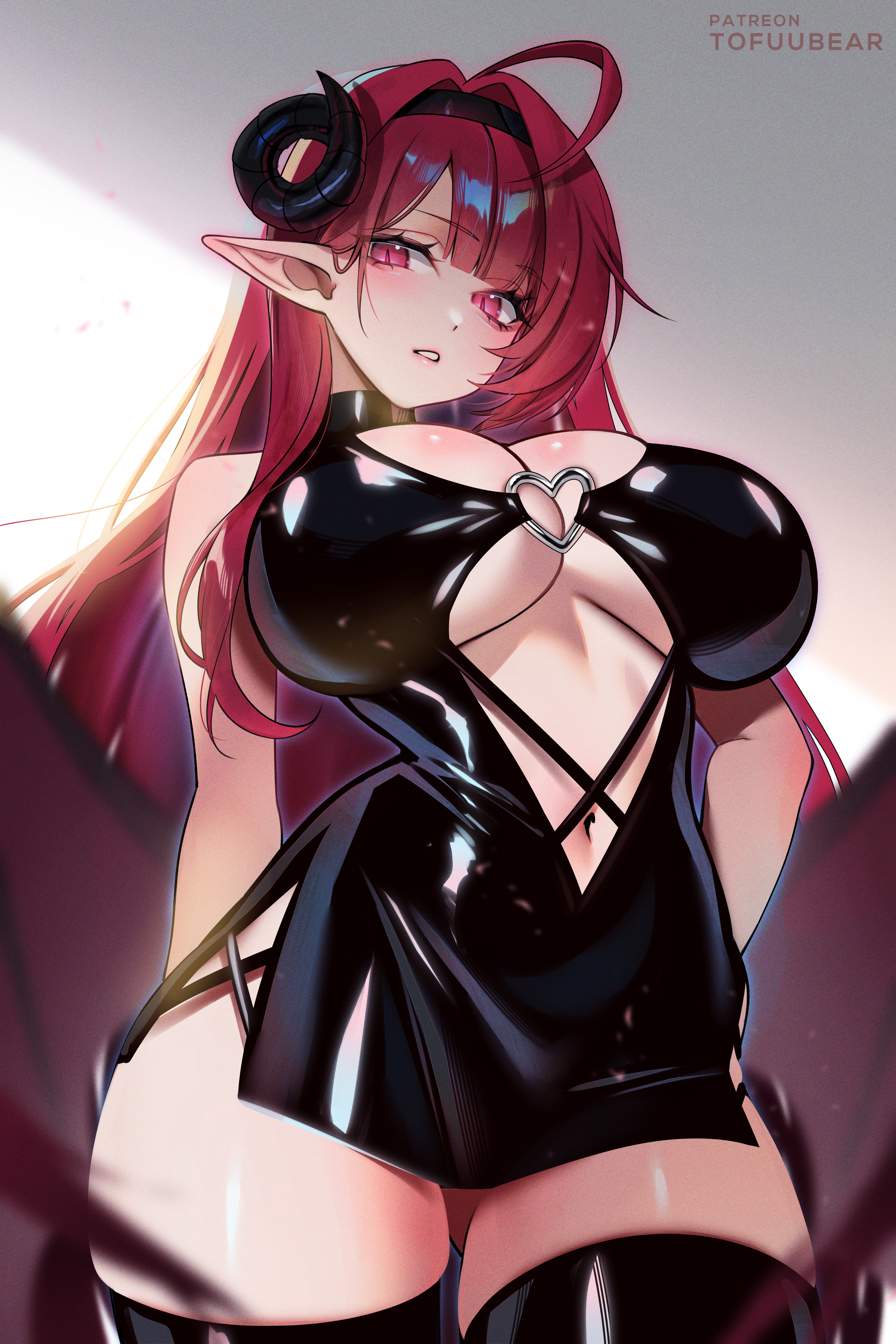 1girls, absurdres, azur lane, bare shoulders, black dress, black horns, black thighhighs, blush, breasts, cleavage, curled horns, dress, female, female only, hairband, highres, hindenburg (azur lane), horns, iron blood (azur lane), large breasts, light skin, light-skinned female, long hair, looking at viewer, navel, pointy ears, red eyes, red hair, short dress, solo, thighhighs, tofuubear