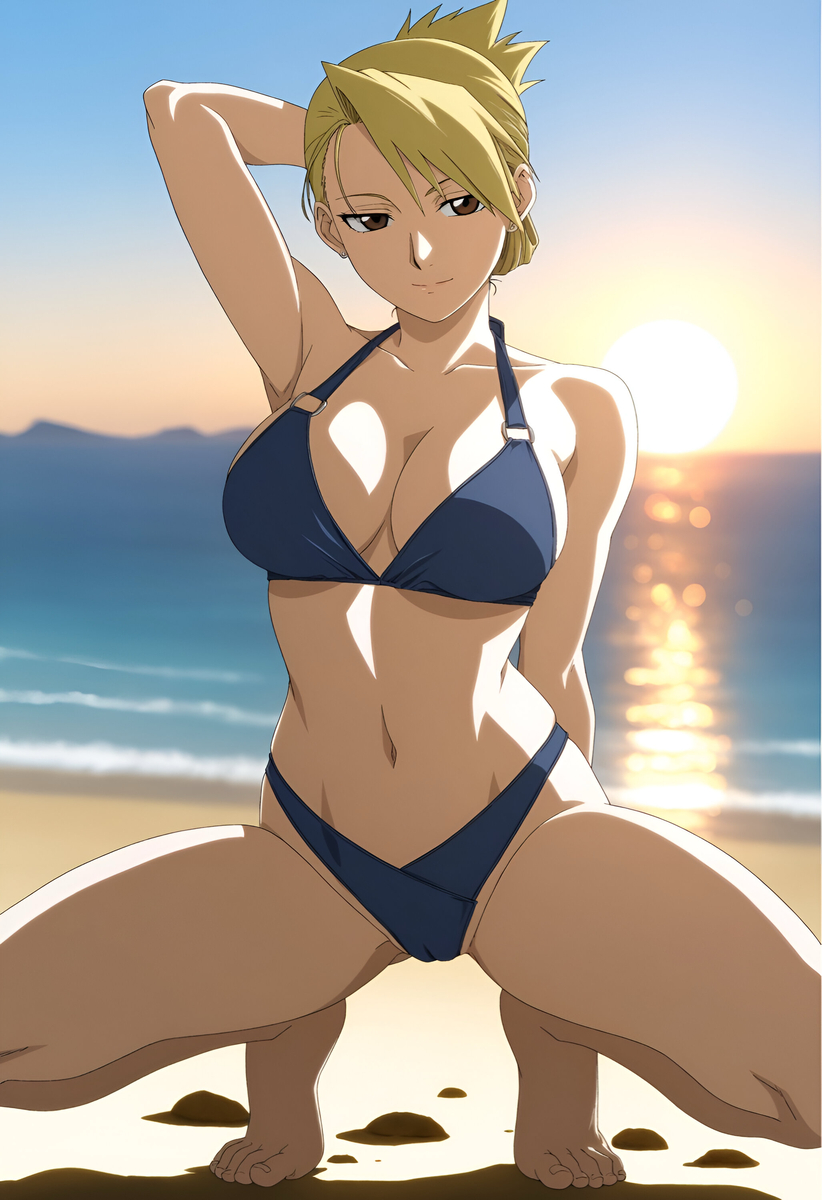 1girls, ai generated, blonde hair, blue bikini, clothed, clothed female, duderu vanilla, female, female only, fullmetal alchemist, riza hawkeye, solo, swimsuit