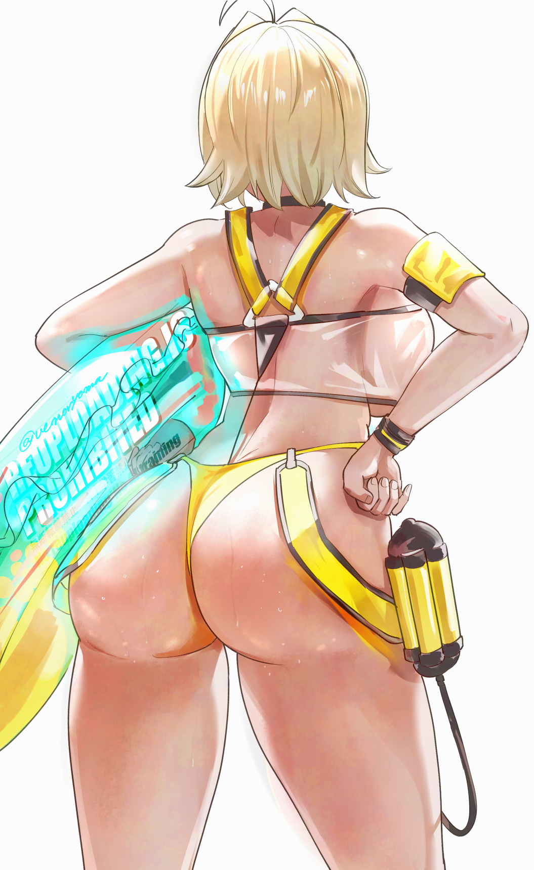 1girls, ahoge, ass, back, bare shoulders, blonde hair, breasts, elegg (boom and shock) (nikke), elegg (nikke), female, female only, goddess of victory: nikke, hair intakes, highres, innertube, large breasts, see-through slingshot swimsuit, short hair, slingshot swimsuit, solo, swim ring, swimsuit, thighs, uenoryoma, yellow slingshot swimsuit