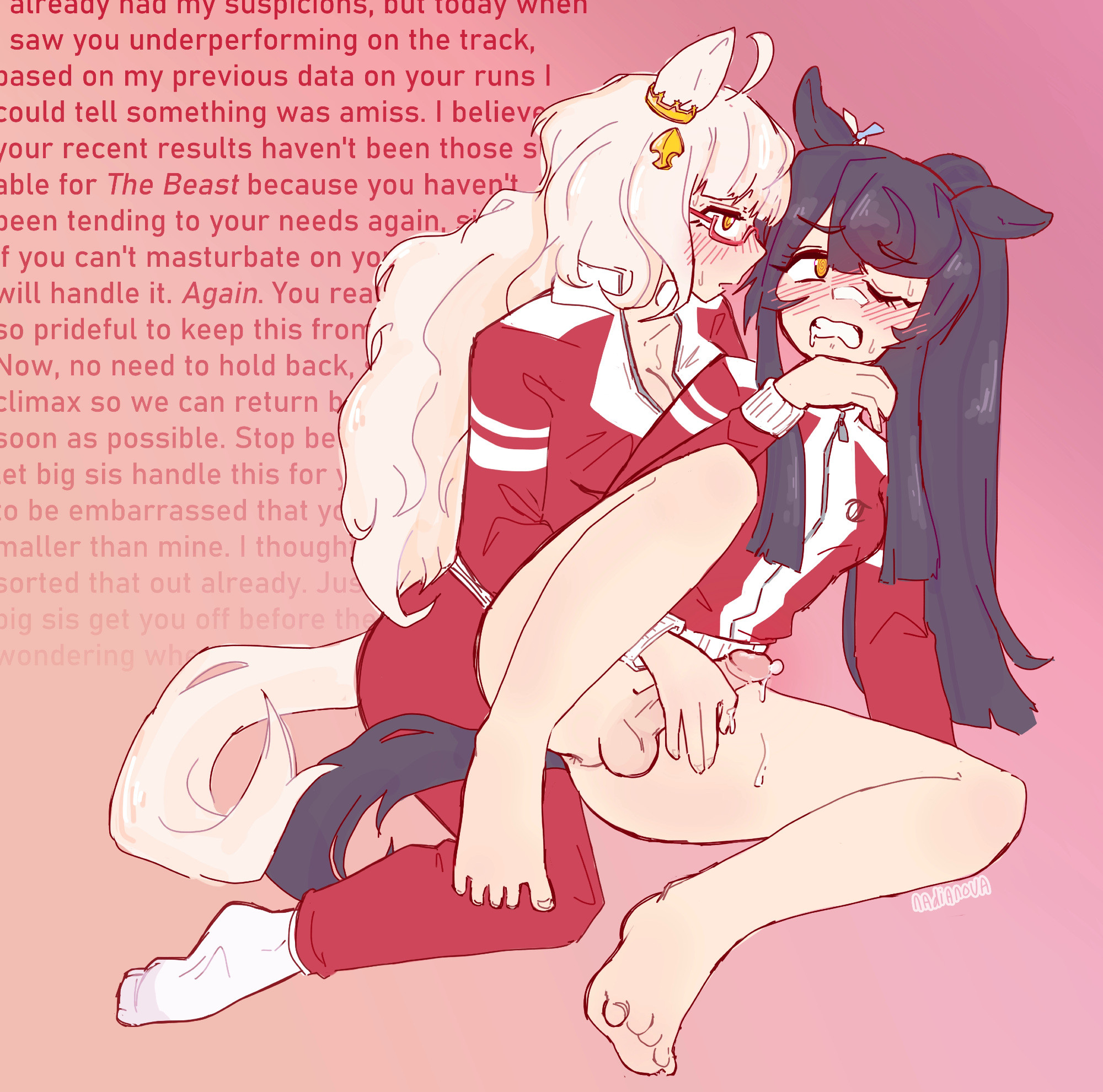 1futa, 1girls, 2d, 2d (artwork), ahoge, animal ears, animal humanoid, animal tail, artist name, balls, barefoot, biwa hayahide (umamusume), black hair, blonde hair, blush, blush lines, bottomless, bottomless futa, cleavage, clothed, clothed female, clothed futa, clothing, dialogue, dickgirl, dickgirl/female, dominant, dominant female, domination, english dialogue, english text, equine humanoid, erect penis, erection, eyebrows visible through hair, eyewear, feet, femdom, femsub, fully clothed, fully clothed female, futa sans pussy, futa with female, futanari, glasses, gradient background, handjob, hi res, horse ears, horse futa, horse girl, horse humanoid, horse tail, incest, incest (lore), jacket, leaking, leaking precum, long hair, looking at another, looking at partner, looking pleasured, mammal humanoid, medium balls, medium penis, nadia nova, narita brian (umamusume), nonconsensual, one eye closed, pants, penis, precum, precum drip, siblings, siblings (lore), sisters, sisters (lore), socks, soles, spread legs, submissive, submissive futa, tail, text, toes, track jacket, track pants, tracksuit, umamusume, watermark, zipper