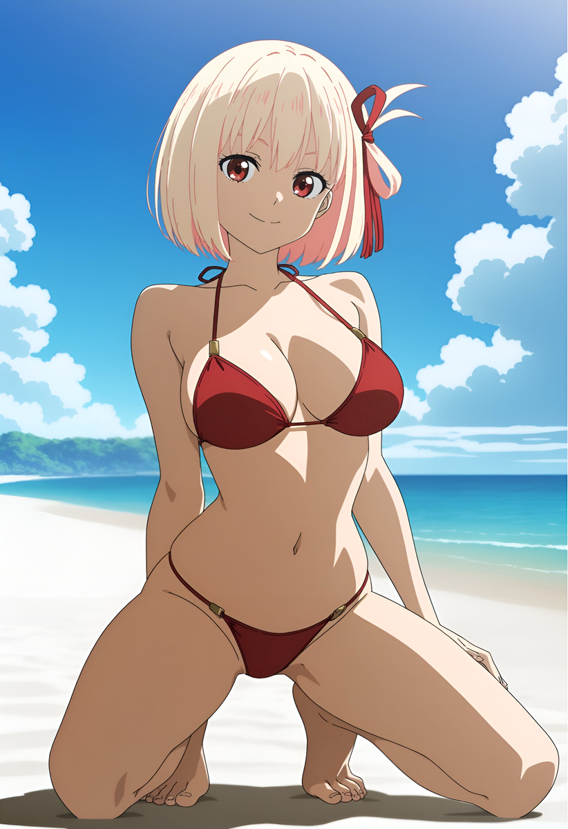 1girls, ai generated, bikini, blonde hair, clothed, clothed female, duderu vanilla, female, female only, lycoris recoil, nishikigi chisato, red bikini, solo, swimsuit