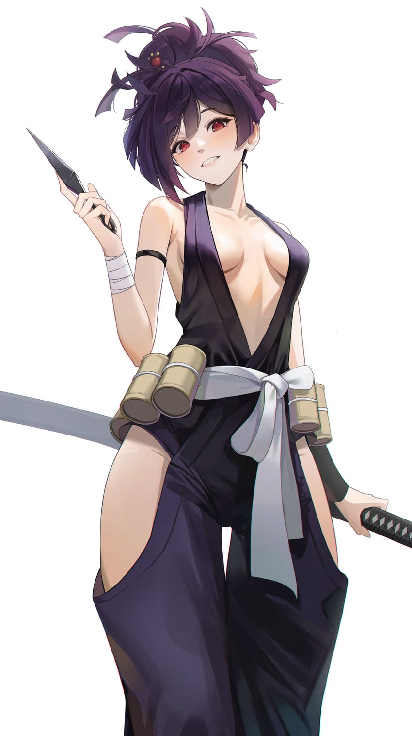 jigokuraku kunai looking_at_viewer lunia revealing_clothes sideboob sword yuzuriha_(jigokuraku)