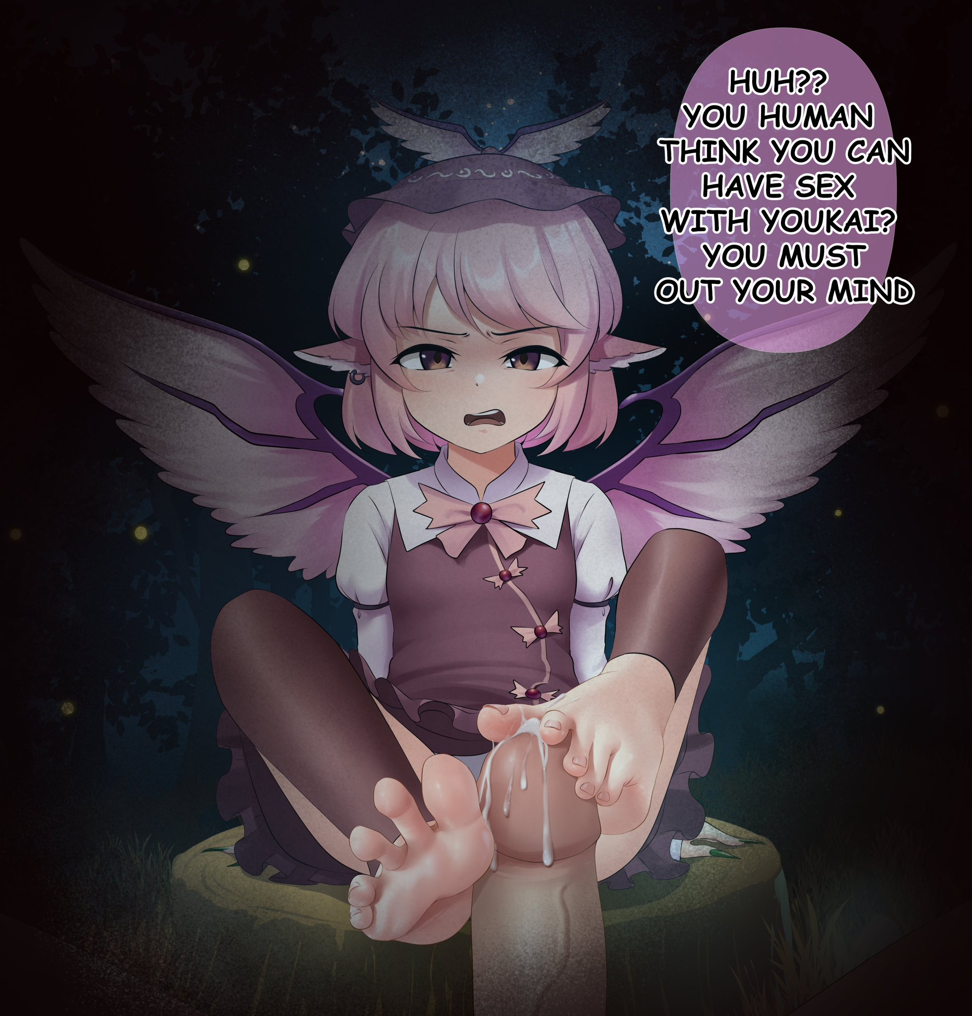 absurdres, barefoot, earrings, erection, feet, female, footjob, hat, highres, jewelry, knees up, looking at viewer, male, maozi dan, mystia lorelei, night, open mouth, penis, pink hair, single earring, sitting on tree stump, soles, spread toes, teeth, toenails, toes, touhou, two-footed footjob, upper teeth, wings