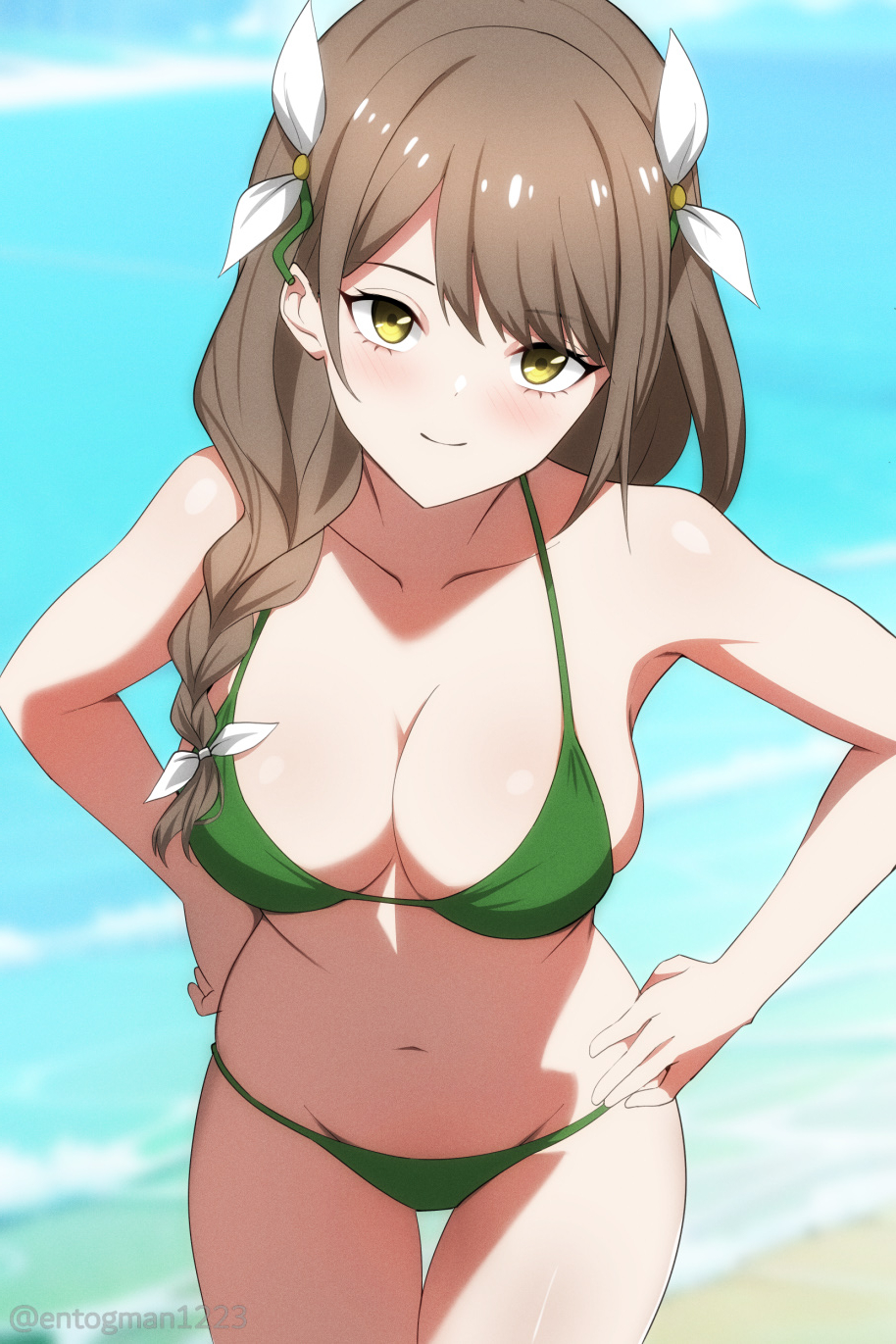 1girls alternate_costume beach bikini blue_sky braid braided_ponytail breasts brown_hair cleavage closed_mouth day english_commentary entogman female female female_only fire_emblem fire_emblem_engage goldmary_(fire_emblem) green_bikini green_swimsuit hair_over_shoulder hands_on_own_hips highres large_breasts long_hair looking_at_viewer navel nintendo ocean outdoors sky smile solo stomach swimsuit thigh_gap thighs yellow_eyes