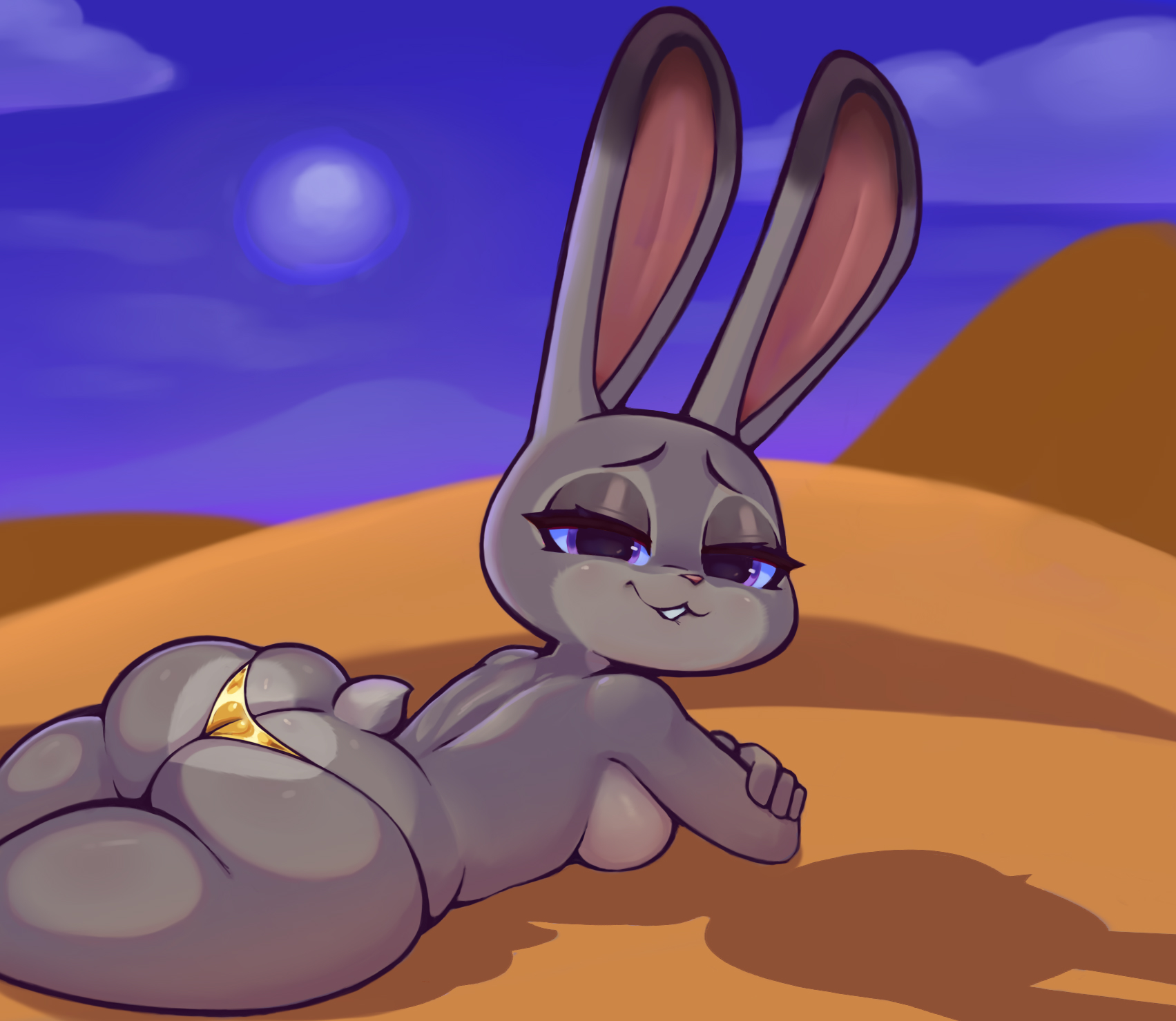 1girls, anthro, ass, ass cleavage, ass crack, ass focus, big ass, bikini, breasts, butt crack, clothing, female, female only, fur, golden bikini, grey fur, hi res, humanoid, judy hopps, mammal, mammal humanoid, medium breasts, nebssik, rabbit, rabbit humanoid, solo, swimsuit, tail, topless, zootopia