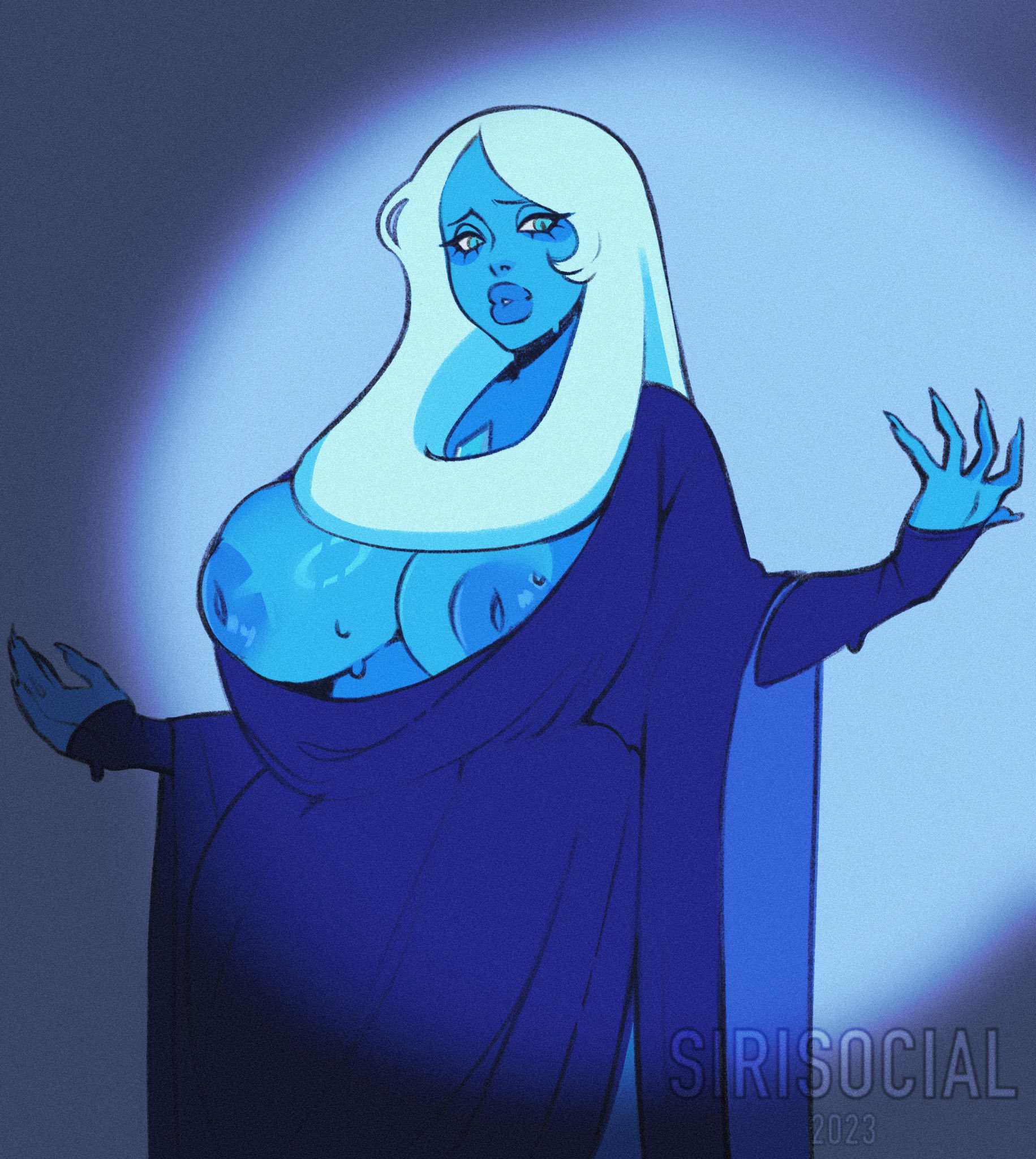 1girls, alien, alien girl, big breasts, big lips, blue body, blue diamond (steven universe), blue eyes, blue hair, blue skin, breasts, cartoon network, female, female focus, female only, humanoid, inverted nipples, nipples, sirisocial, steven universe, sweat, thick, wide hips