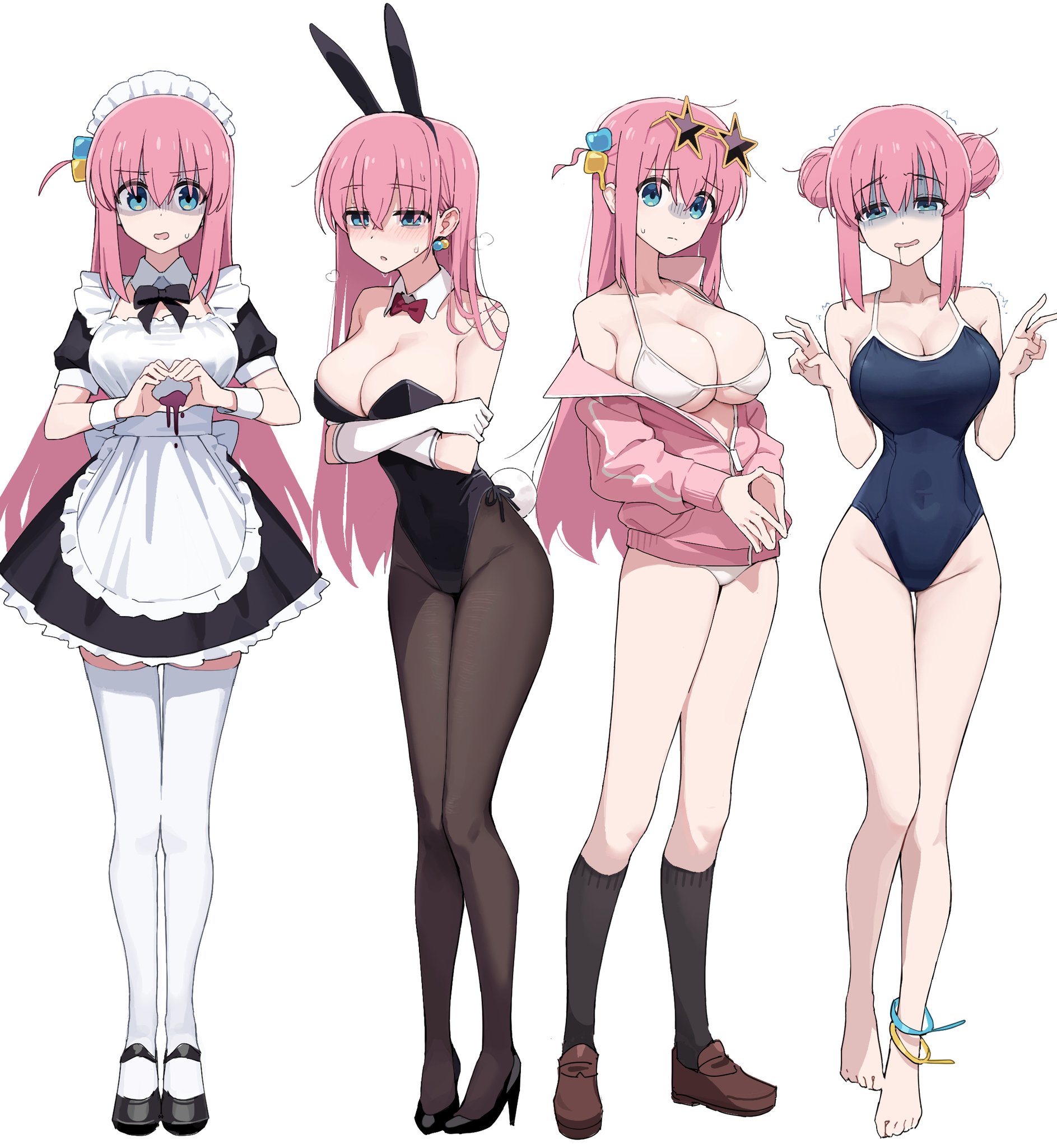 bocchi the rock!, breasts, bunnysuit, female, female only, gotou hitori, long hair, long pink hair, maid, pink hair, school swimsuit