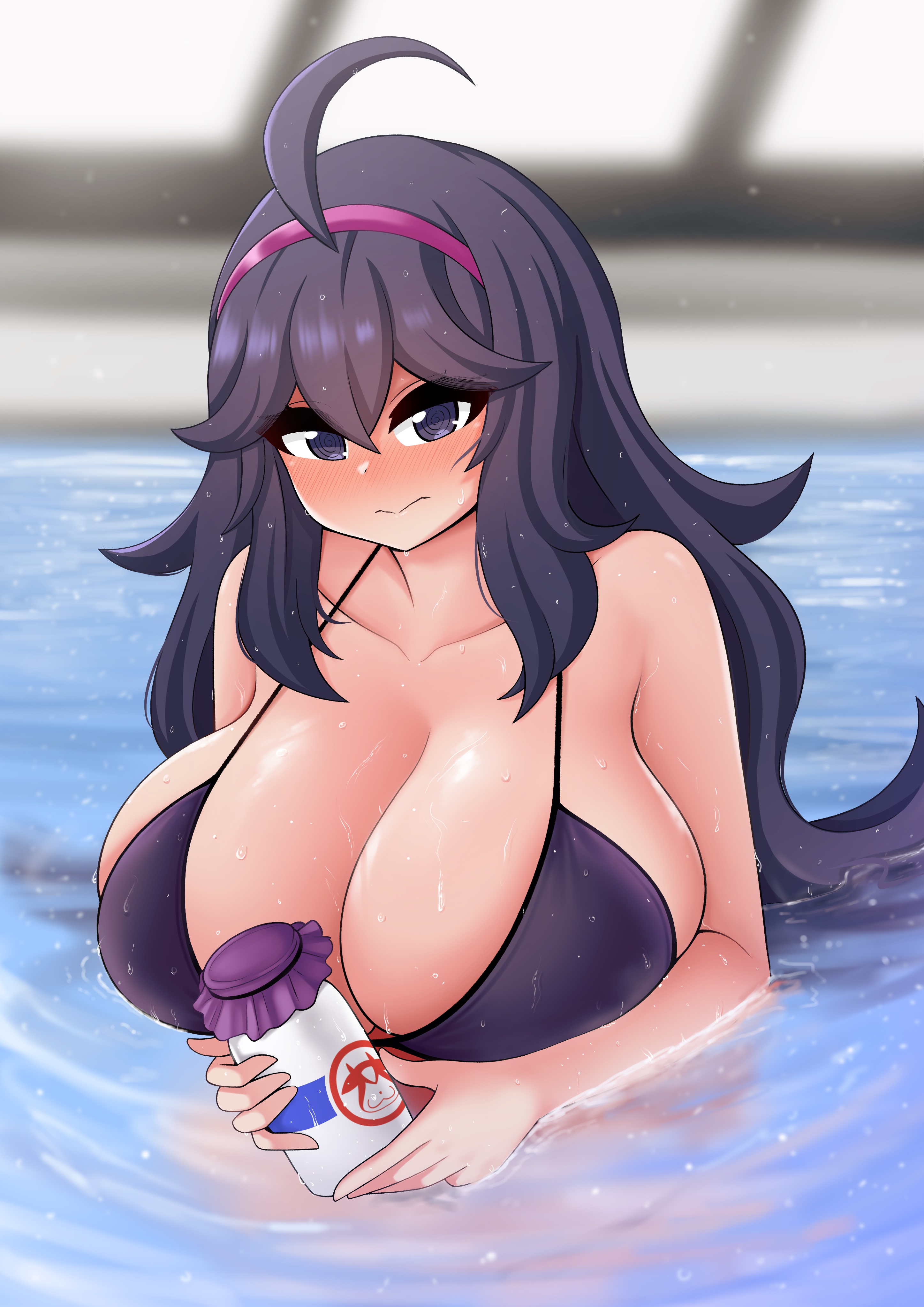 1girls, bikini, blush, breasts, cleavage, female, game freak, hex maniac, huge breasts, light skin, light-skinned female, long hair, nintendo, pokemon, pokemon xy, purple eyes, purple hair, the only shoe