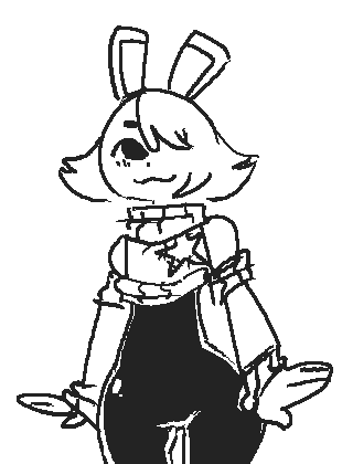 :3 anthro clothing female hair hair_over_eye happie_(character) lagomorph leporid low_res mammal one_eye_obstructed pppr rabbit rubber rubber_clothing rubber_suit sweater topwear