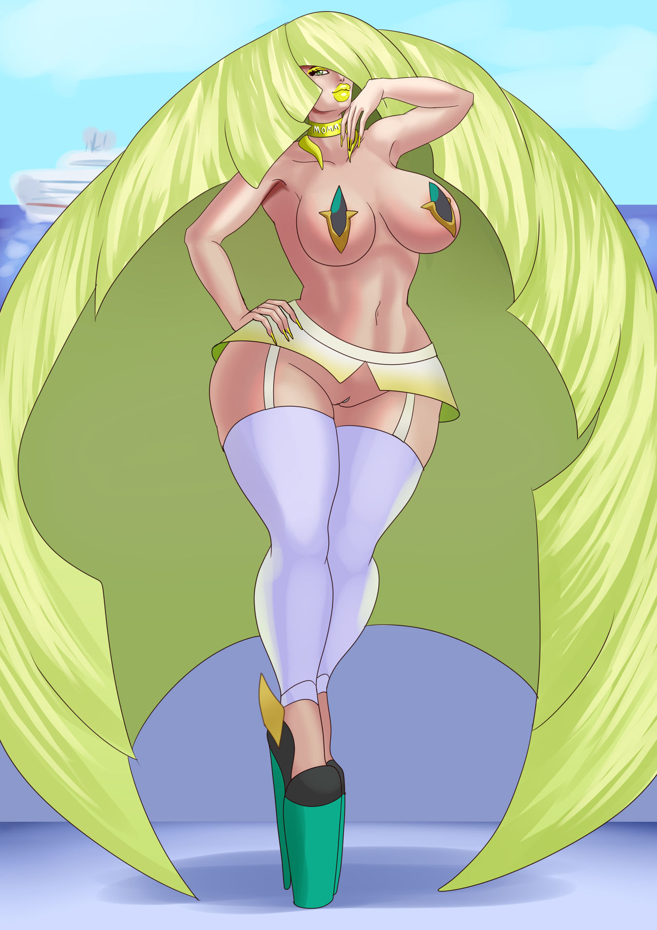 1girls, annon, bimbo, bimbofied, blonde hair, breasts, choker, female, high heels, lipstick, long hair, lusamine (pokemon), painted nails, pasties, platform heels, pokemon, posing, pussy, smirk, stripper heels, thick lips, yellow lipstick