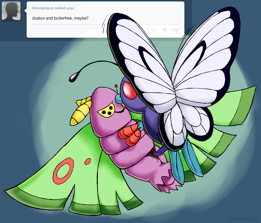 animal_genitalia antennae bug butterfly butterfree cloaca dustox female heart insects looking_at_partner male marjani penis pokémon_(species) pokemon text wings