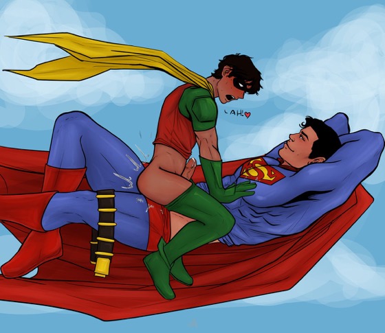 age difference, anal, anal sex, bigger penetrating smaller, blush, clark kent, cowgirl position, dc, dc comics, dick grayson, female, flying, gay, kal-el, male, male only, no1 tballplayer, questionable consent, robin (dc), robin (dick grayson), size difference, superhero, superman, superman (clark kent), superman (series), yaoi