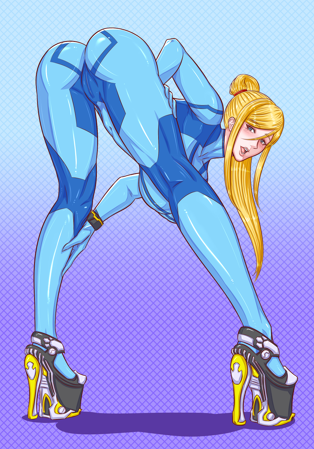 ass ass_focus blonde_female blonde_hair blue_eyes bodysuit boots clothed clothing happy high_heels latex latex_bodysuit latex_legwear latex_suit latex_thighhighs legs metroid nintendo niramoli pilot_suit platform_heels rubber rubber_suit samus_aran super_smash_bros. zero_suit zero_suit_samus