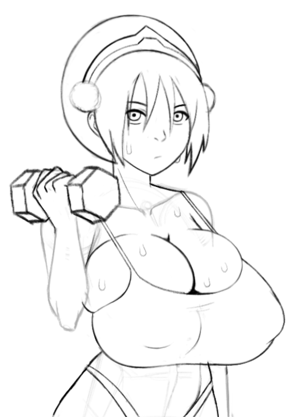 1girls, aged up, alternate breast size, avatar the last airbender, black and white, breasts, bursting breasts, bursting clothes, camisole, cleavage, coldarsenal, collarbone, exercise, female, female only, fit, fit female, huge breasts, nipple bulge, overflowing breasts, petite, sketch, slim waist, solo, sports bra, sweat, sweatdrop, sweating, tagme, tank top, thong, tight clothing, toph bei fong, weightlifting, weights, workout, workout clothes