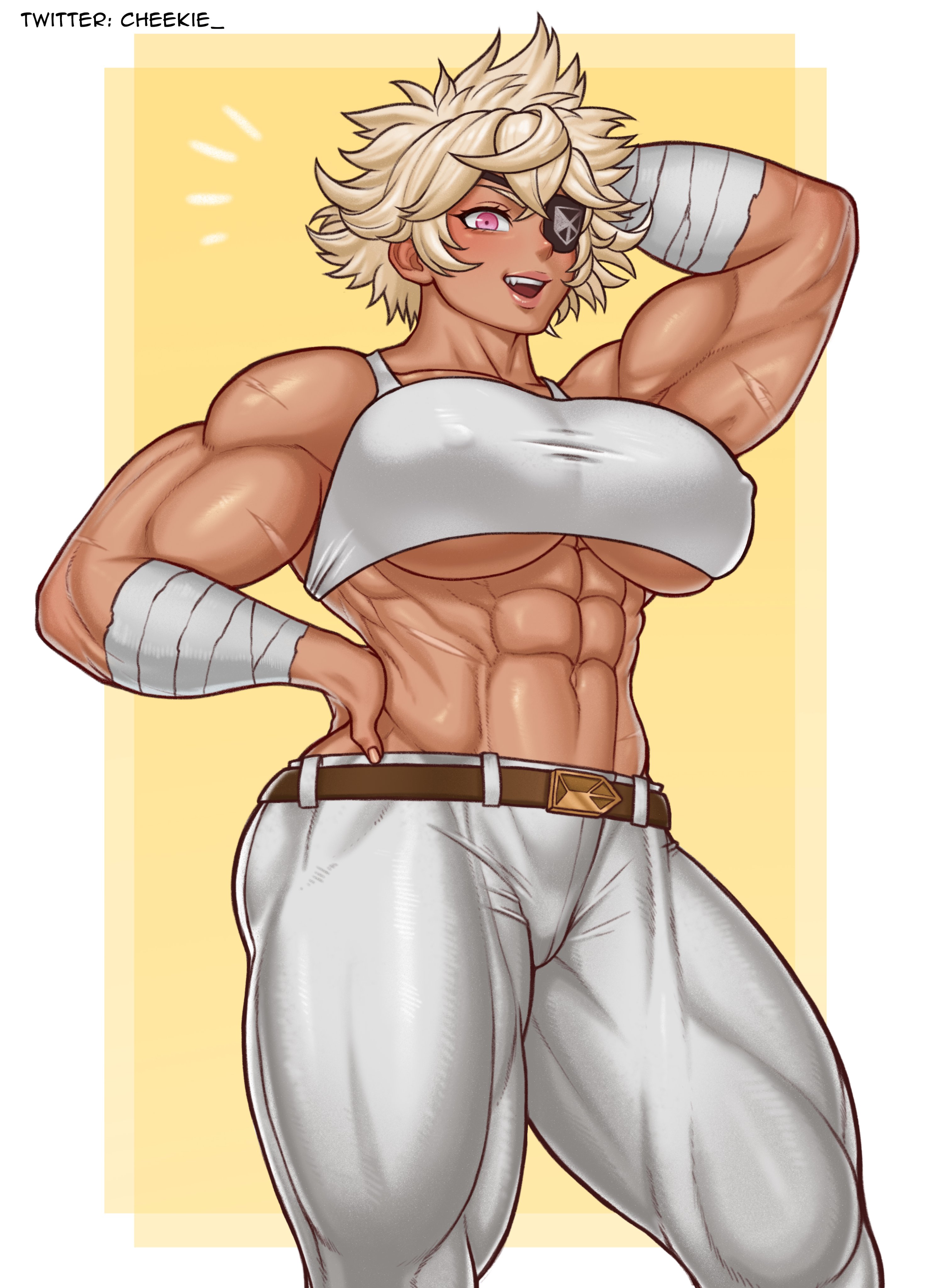 1girls, abs, absurd res, bandaged arm, bandages, belt, blonde hair, breasts, cameltoe, cheekie0, covered erect nipples, covered nipples, dark skin, dark-skinned female, debonair diamond, erect nipples under clothes, eyepatch, female, hi res, huge breasts, midriff, muscular, muscular female, navel, nipple outline, pants, pink eyes, pussy, scar, scars, short hair, smile, solo, stomach, tank top, the hunters guild: red hood, thick thighs, tight clothing, twitter username, underboob, wide hips