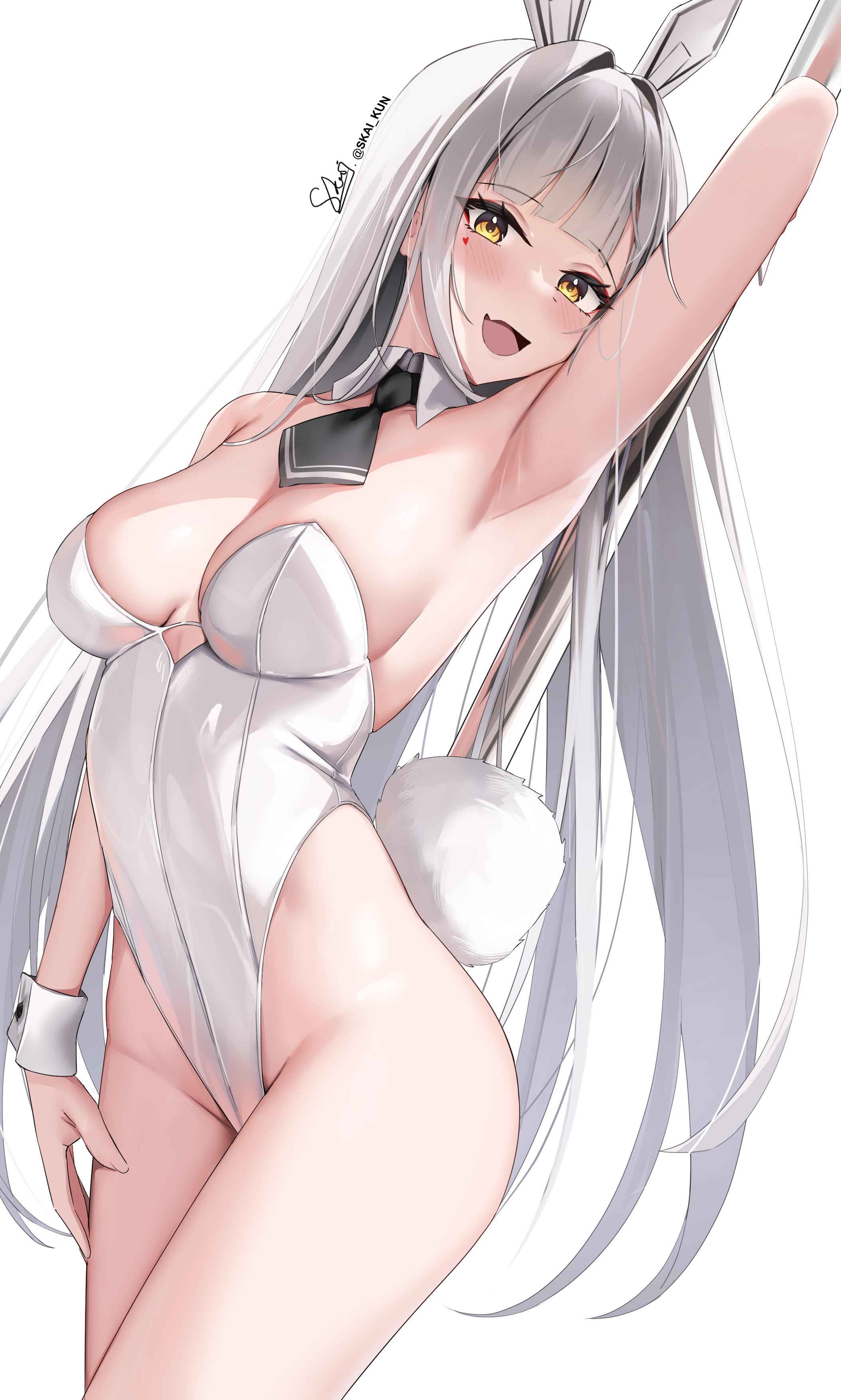 1girls, absurd res, arm up, armpits, bangs, bare legs, black tie, blanc (nikke), blush, breasts, bunny ears, bunny girl, bunny tail, cleavage, collar, detached collar, exposed shoulders, female, goddess of victory: nikke, long hair, looking at viewer, open mouth, orange eyes, pole, skai kun, slim, smile, solo, thighs, white background, white hair, white leotard