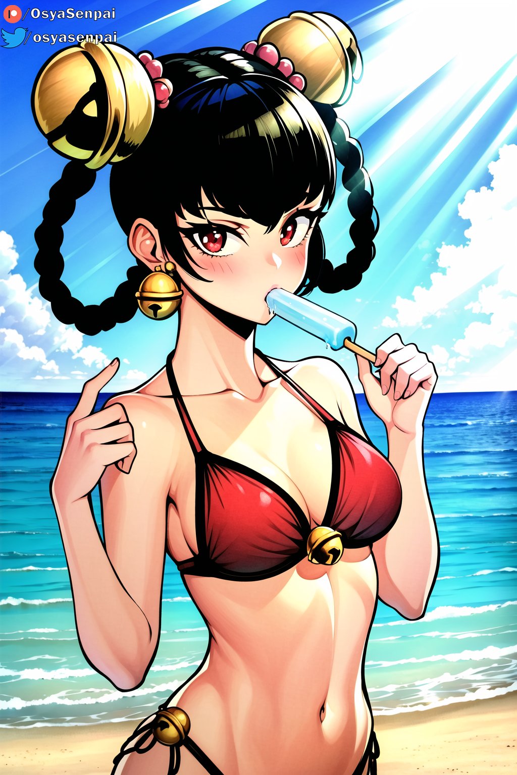 1girls ai_generated beach bikini black_hair blush breasts collarbone female female_only lin_lin_(one-punch_man) looking_at_viewer medium_breasts midriff navel one-punch_man osyasenpai popsicle red_eyes solo stable_diffusion sucking_on_popsicle swimsuit