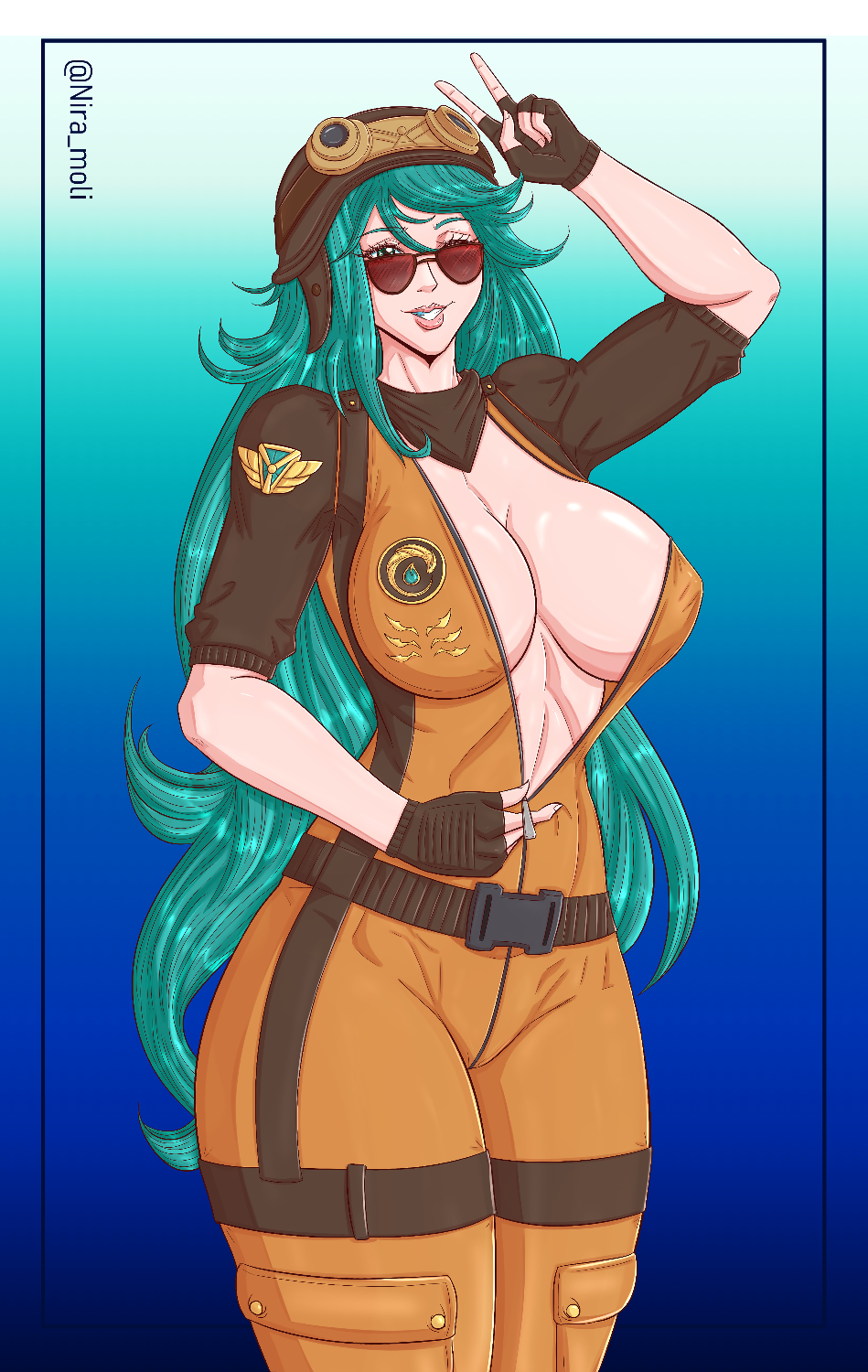 aviator_cap aviator_irelia aviator_sunglasses big_breasts bodysuit breasts chubby cleavage clothed clothing green_hair huge_breasts irelia_xan league_of_legends looking_over_eyewear looking_over_glasses looking_over_sunglasses niramoli open_clothes peace_sign pilot_suit red-tinted_eyewear riot_games solo solo_female sunglasses thick thick_ass thick_thighs tinted_eyewear wink winking_at_viewer