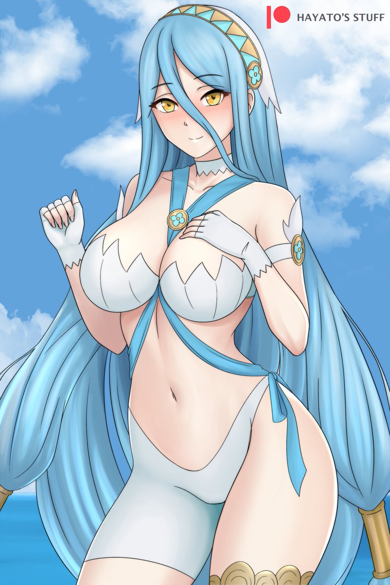 1girls adapted_costume alternate_costume azura_(fire_emblem) bare_thighs bikini blue_hair breasts cleavage female female_only fingerless_gloves fire_emblem fire_emblem_fates gloves hair_between_eyes hand_on_own_chest hayato_stuff large_breasts light_blue_hair long_hair looking_at_viewer nintendo ocean outdoors smile solo swimsuit thighs very_long_hair white_bikini white_swimsuit yellow_eyes