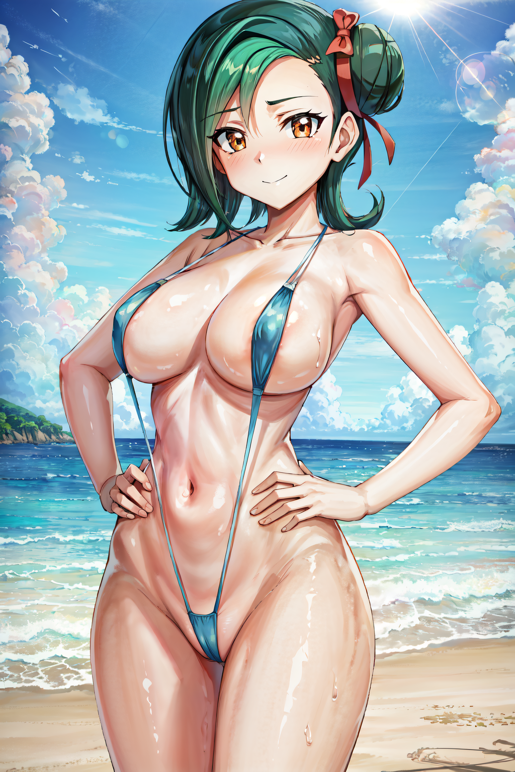 ai_generated beach bikini blush female green_hair huge_breasts kotori_mizuki looking_at_viewer mizuki_kotori_(yuu-gi-ou_zexal) navel orange_eyes sephiaton955 sling_bikini smile tori_meadows yu-gi-oh! yu-gi-oh!_zexal