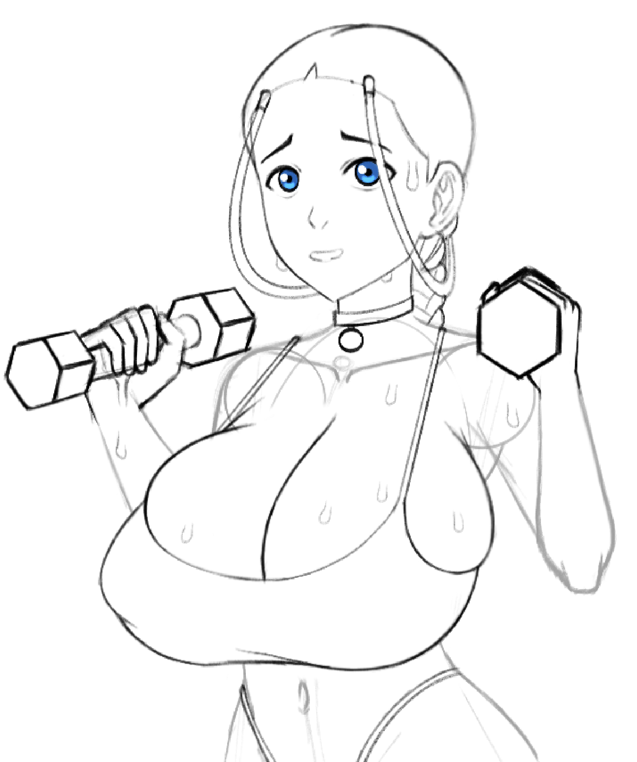 alternate breast size, avatar the last airbender, big breasts, blue eyes, breasts, coldarsenal, female, female only, gym uniform, katara, solo, solo female, sweat, water tribe, workout