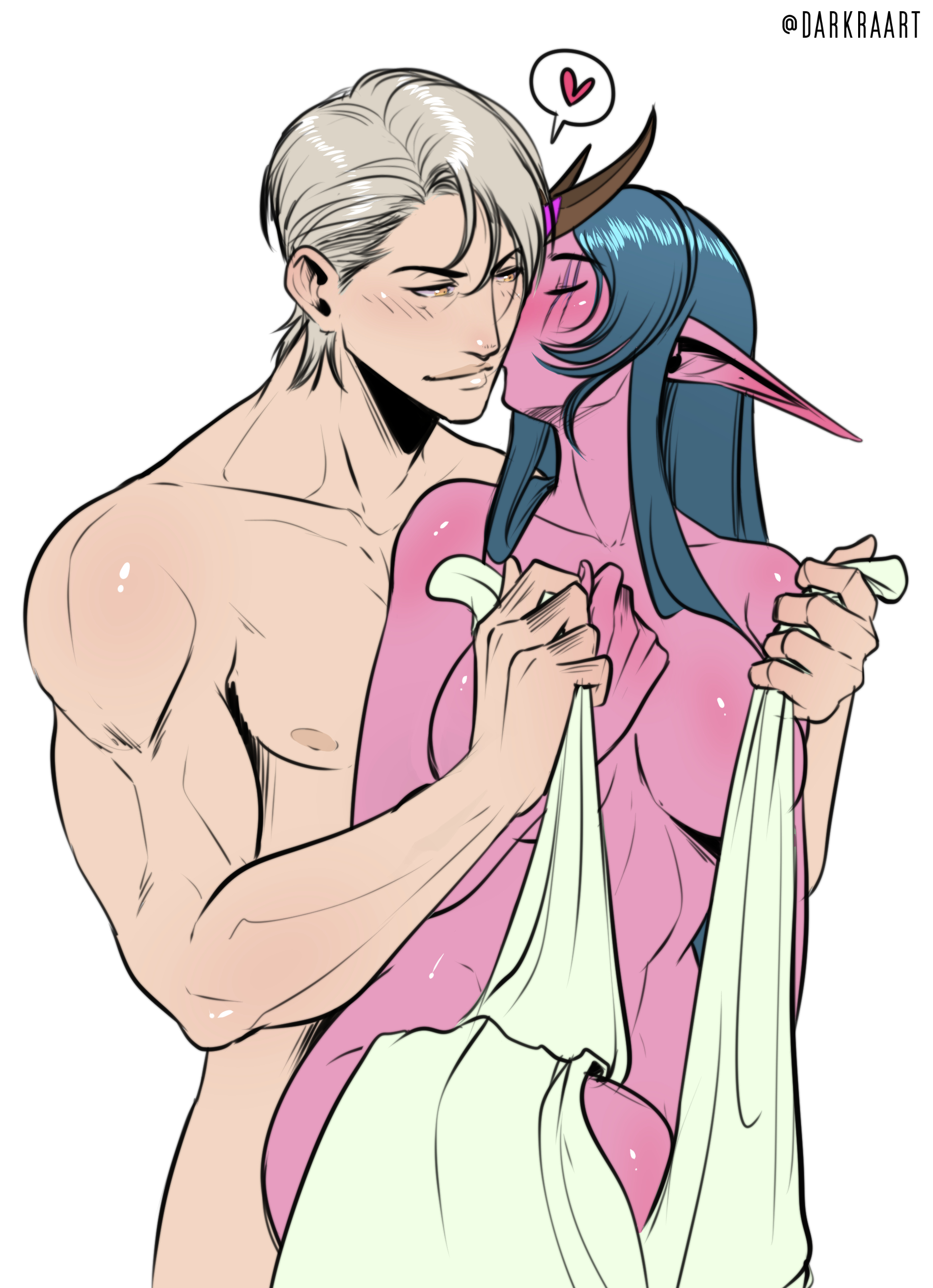1boy, 1girls, big breasts, blizzard entertainment, blue hair, breasts, darkra, elf, female, human, human (world of warcraft), interspecies, kissing cheek, light skin, light-skinned male, lulusa wildmist, male, male human/female elf, night elf, original character, pink skin, warcraft, world of warcraft