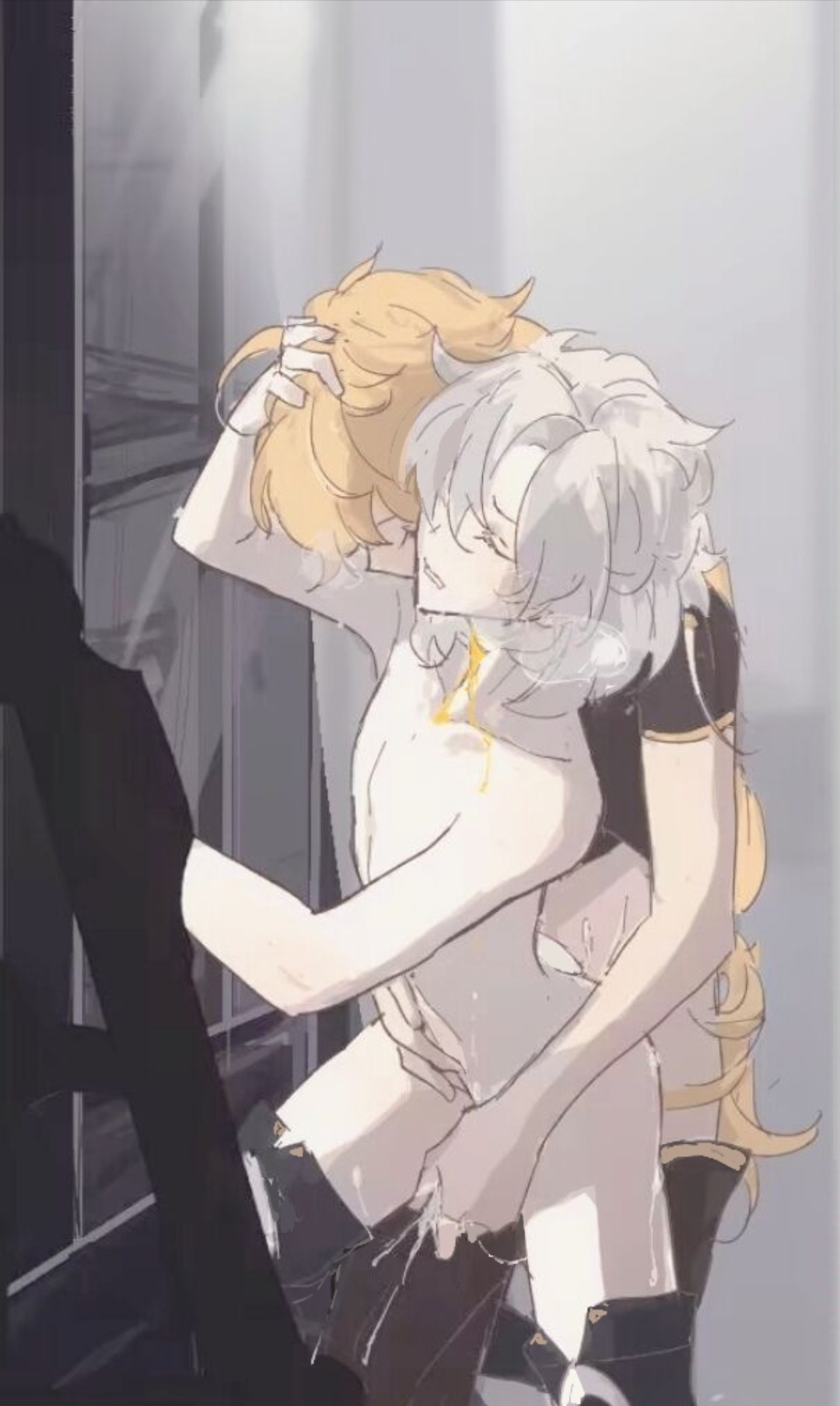 2boys, aebedo, aether (genshin impact), albedo (genshin impact), backsack, balls, ballsack, blonde hair, femboy, genshin impact, male, male only, multiple boys, multiple males