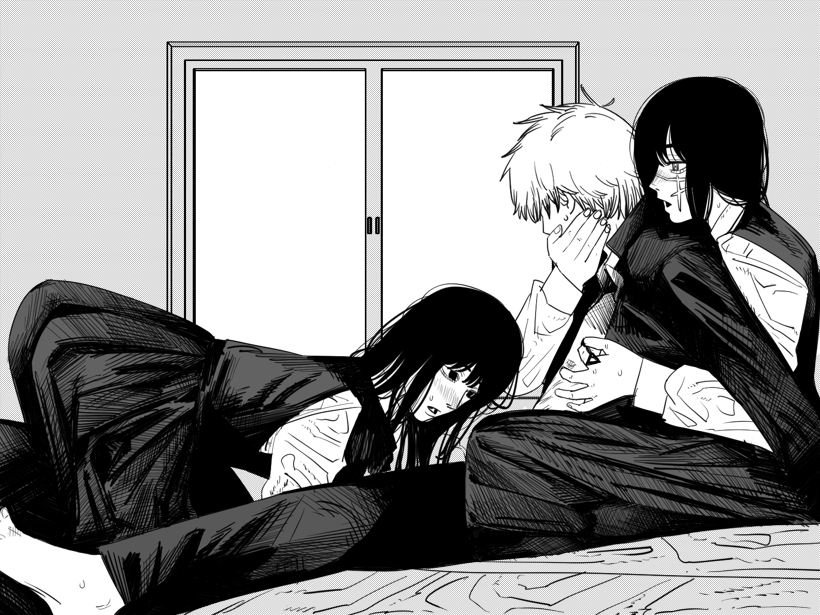 1boy, 2girls, artist request, black hair, blush, chainsaw man, denji (chainsaw man), female, fourth east high school uniform, male, mitaka asa, monochrome, restrained, school uniform, source request, yoru (chainsaw man)