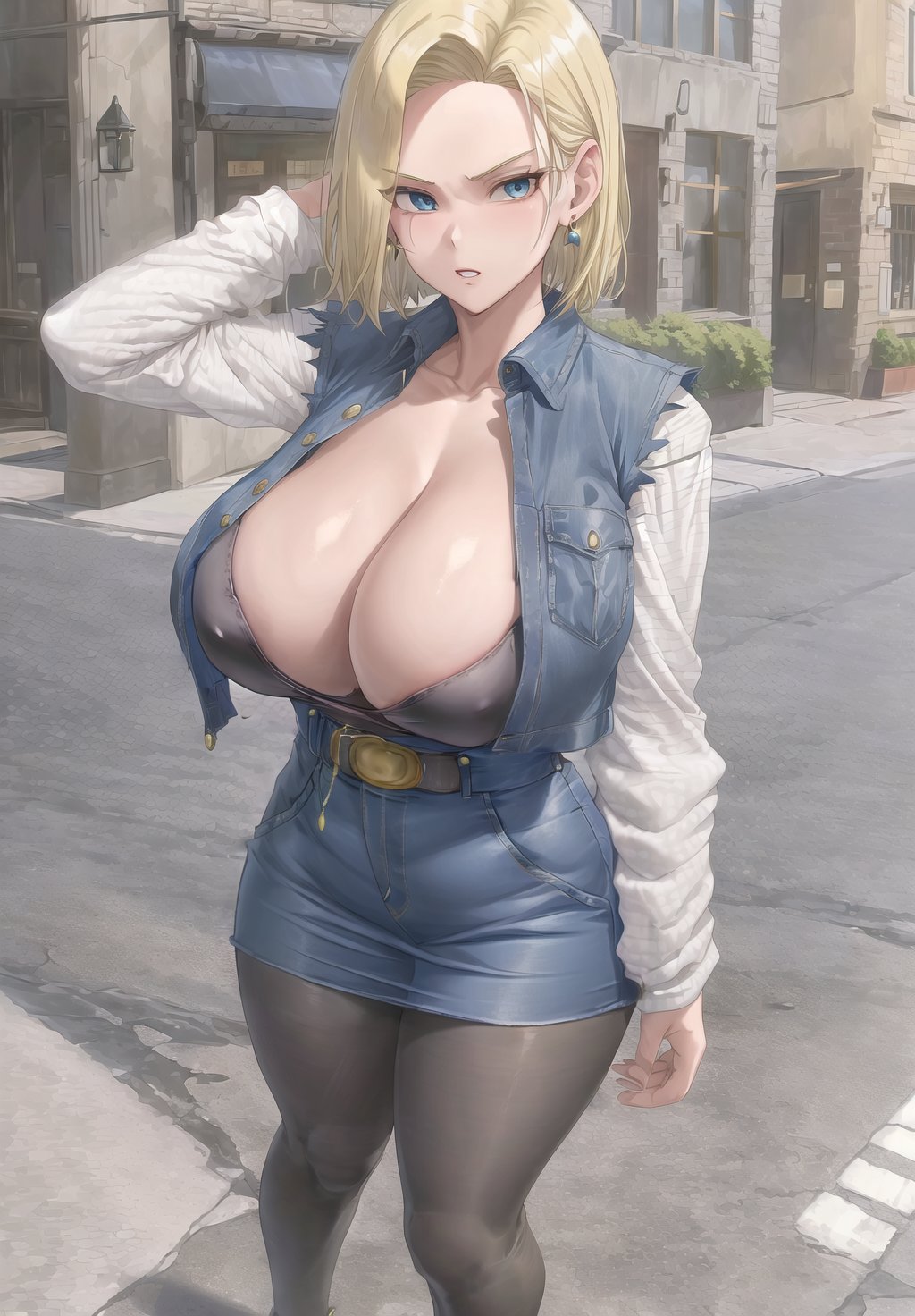 ai generated, android 18, belt, belt buckle, big boobs, big breasts, black bra, blond hair, blonde-haired female, blue blouse, blue eyes, blue skirt, bra, breasts, button shirt, cleavage, day, daytime, dragon ball, dragon ball z, earrings, female, female focus, female only, flower, hand behind head, large breasts, light skin, light-skinned female, long sleeves, looking at viewer, massive breasts, massive cleavage, nipples covered, nipples visible through bra, pale skin, pale-skinned female, plant, ripped clothing, ripped sleeves, stable diffusion, streets, tagme, teeth, teeth showing, thick thighs, tight clothing, tight skirt