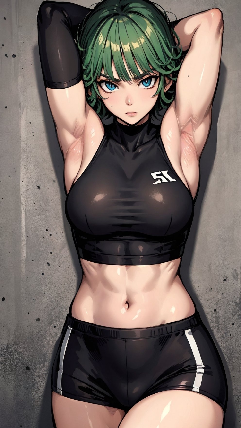 1girls, ai generated, armpits, arms up, female, female only, fitness, green hair, looking at viewer, navel, one-punch man, short hair, solo, stable diffusion, tatsumaki