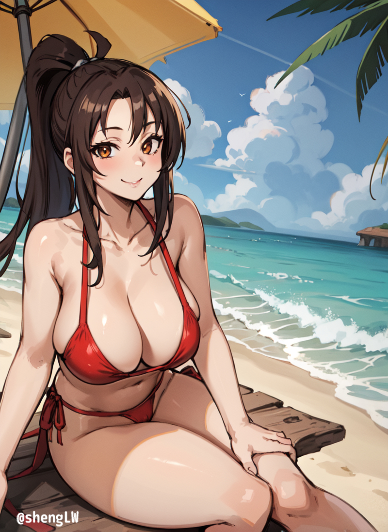 ai_generated beach big_breasts bikini king_of_fighters mai_shiranui ponytail shenglw thick_thighs