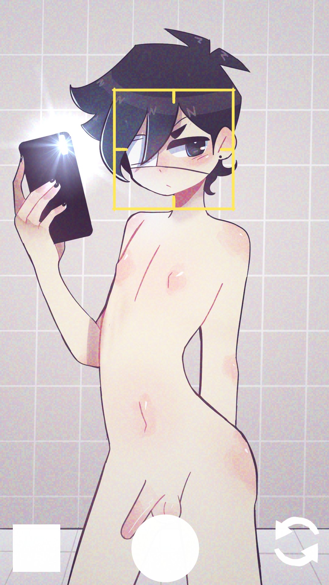 1boy bathroom_selfie blush eyeinfectiion_ eyepatch looking_away male male_only naked omori selfie small_pp solo sunny_(omori) twink