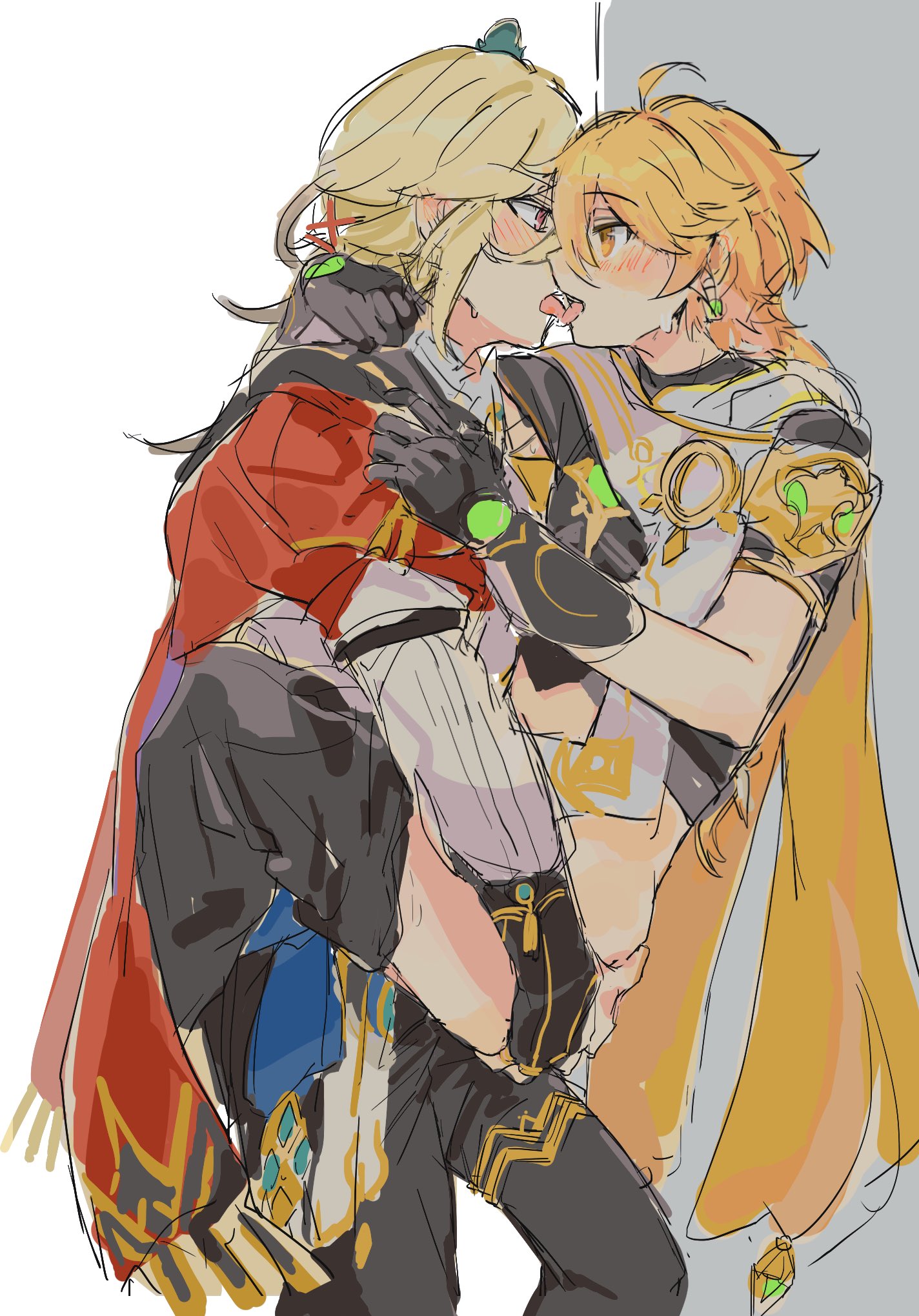 2boys, aether (genshin impact), ass, ass grab, blonde hair, carrying, carrying partner, carrying position, genshin impact, kaveh (genshin impact), looking at partner, looking pleasured, male, male focus, male only, sex, tongue kiss, yaoi