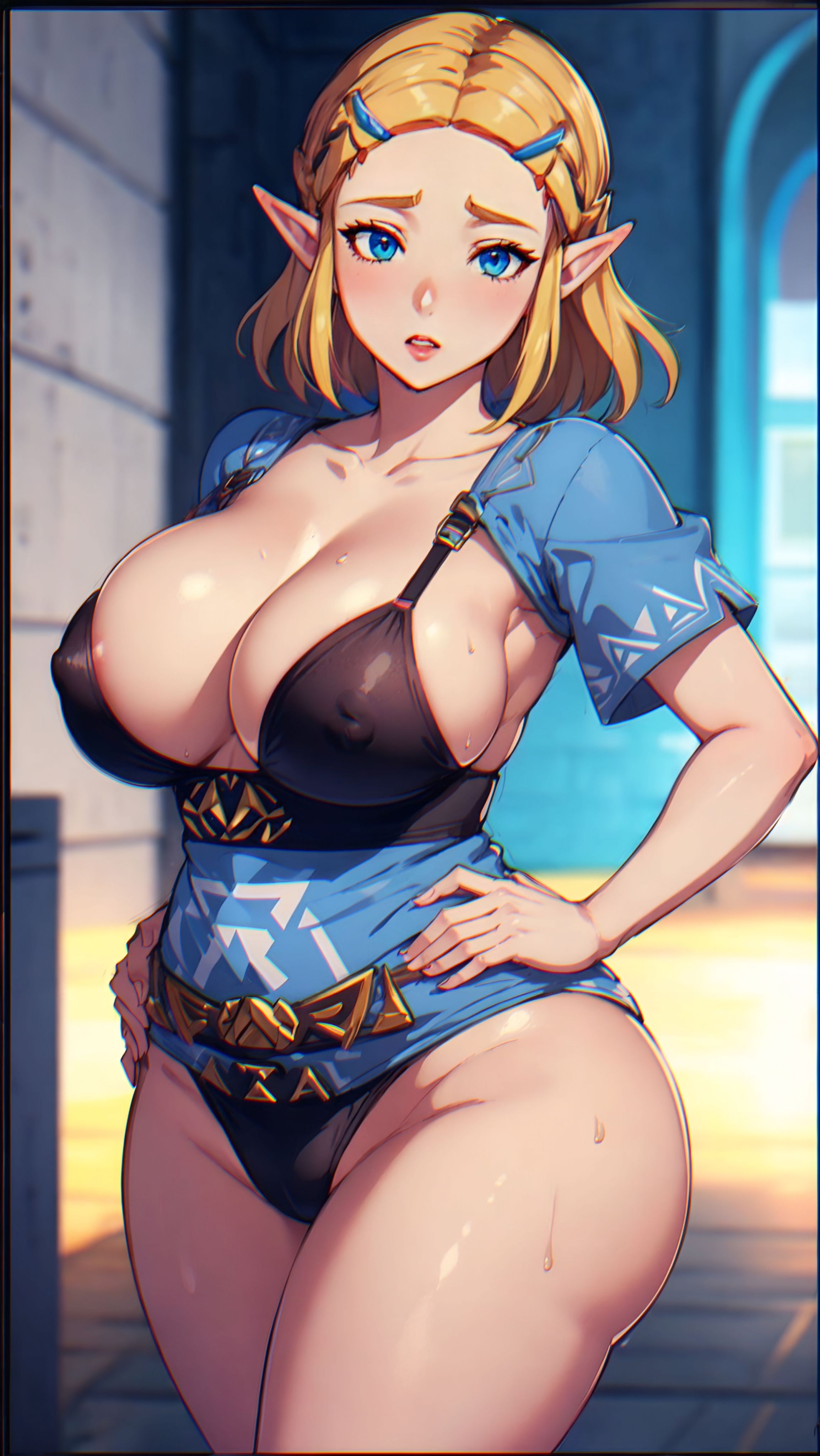 ai generated, blonde hair, blue eyes, elf ears, female, female focus, female only, looking at viewer, nipples visible through clothing, princess zelda, short hair, solo focus, stable diffusion, sweat, tears of the kingdom, the legend of zelda, thick thighs, zelda (tears of the kingdom)