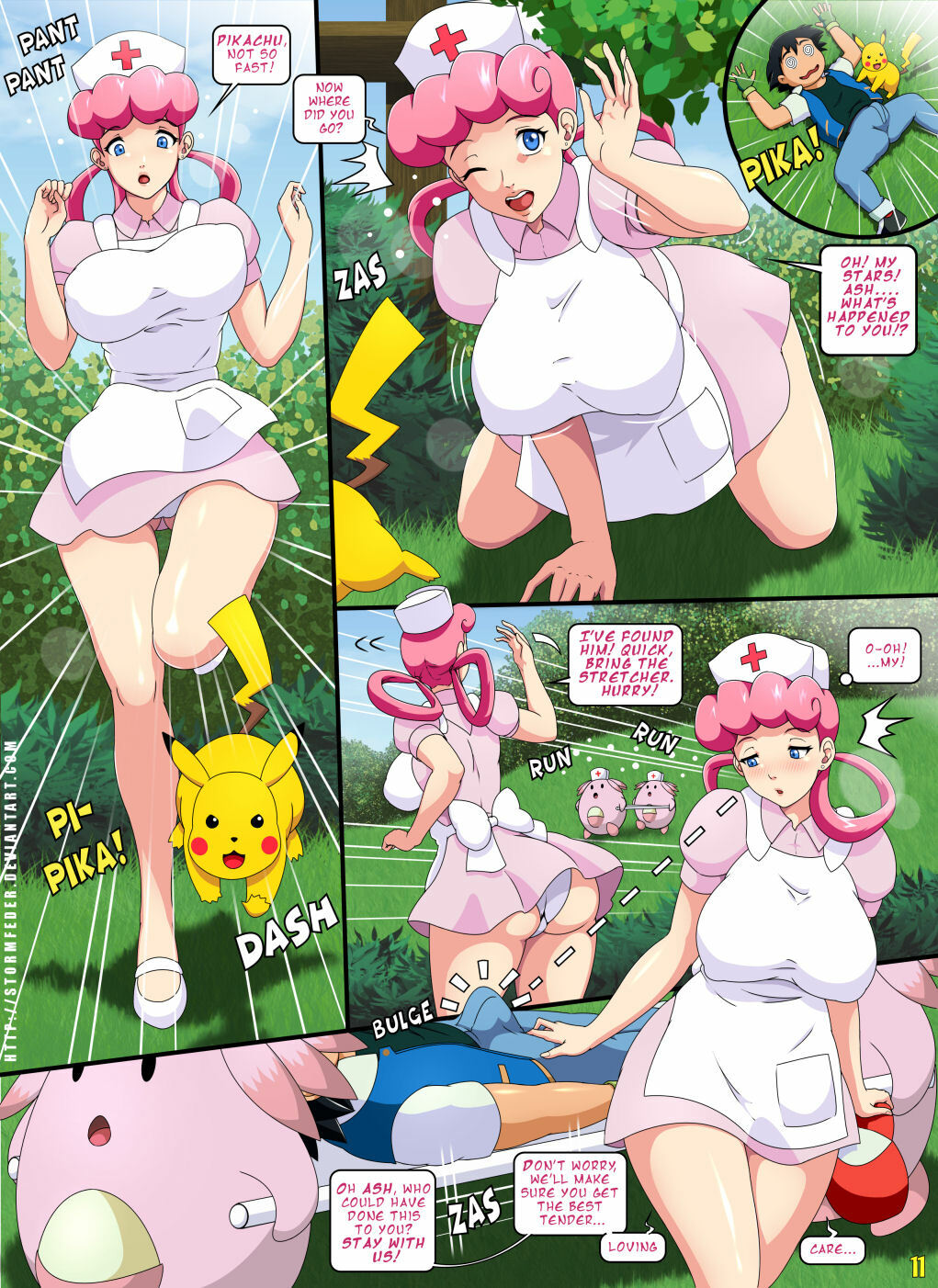 1boy 1girls ash_ketchum big_breasts blush breasts bulge bulge_through_clothing caption chansey comic comic_page deviantart_username english english_text erection female hi_res injury male nurse nurse_joy nurse_uniform page_11 page_number pants pantyshot pantyshot_(standing) pikachu pink_hair pink_hair_female pokémon_(species) pokemon pokemon_(species) satoshi_(pokemon) staring_at_penis stormfeder text text_bubble thick_thighs url