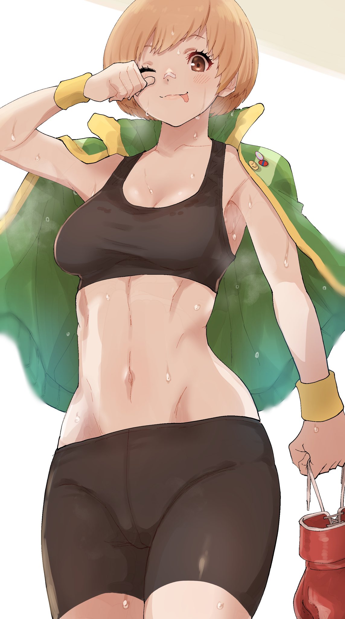 armpit_peek armpits atlus bandaid bandaid_on_face bandaid_on_nose bike_shorts boxing_gloves breasts brown_eyes brown_hair cleavage cowboy_shot female green_jacket hand_up highres holding jacket jacket_on_shoulders kurosususu light_brown_hair midriff navel one_eye_closed persona persona_4 satonaka_chie short_hair simple_background solo sports_bra sportswear stomach sweat sweatband sweatdrop tongue tongue_out white_background