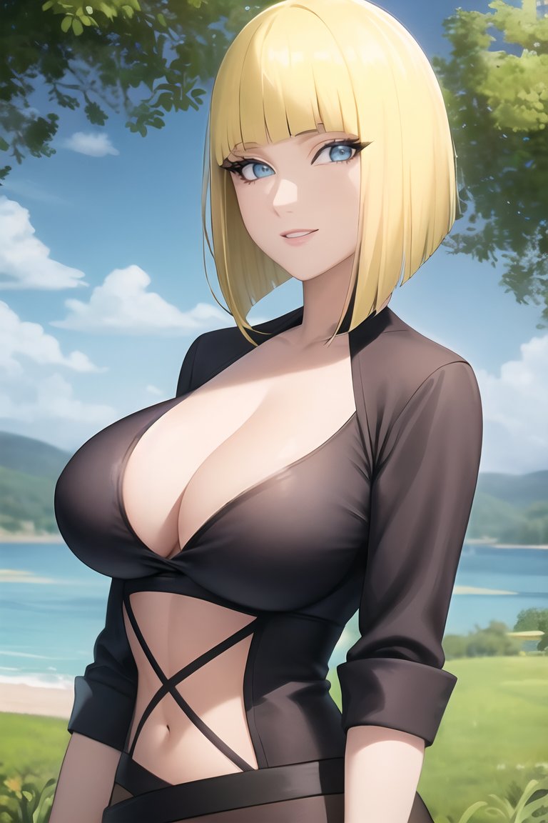 1girls, ai generated, bare breasts, bare chest, bare midriff, bell haircut, big breasts, blonde female, blonde hair, blue eyes, blunt bangs, blush, bob cut, breasts, center opening, clothing, collarbone, dress, eyelashes, eyelashes visible through hair, eyeliner, female, happy female, huge breasts, large breasts, lipstick, long hair, makeup, mature, mature female, midriff, nai diffusion, naruto, naruto (series), naruto shippuden, nature, no bra, oppai, outdoors, parted lips, pink lips, pinup, revealing clothes, sagging breasts, samui, short hair, skimpy, skimpy clothes, sleeves rolled up, smile, smiling at viewer, stable diffusion, top heavy, upper body, voluptuous, voluptuous female