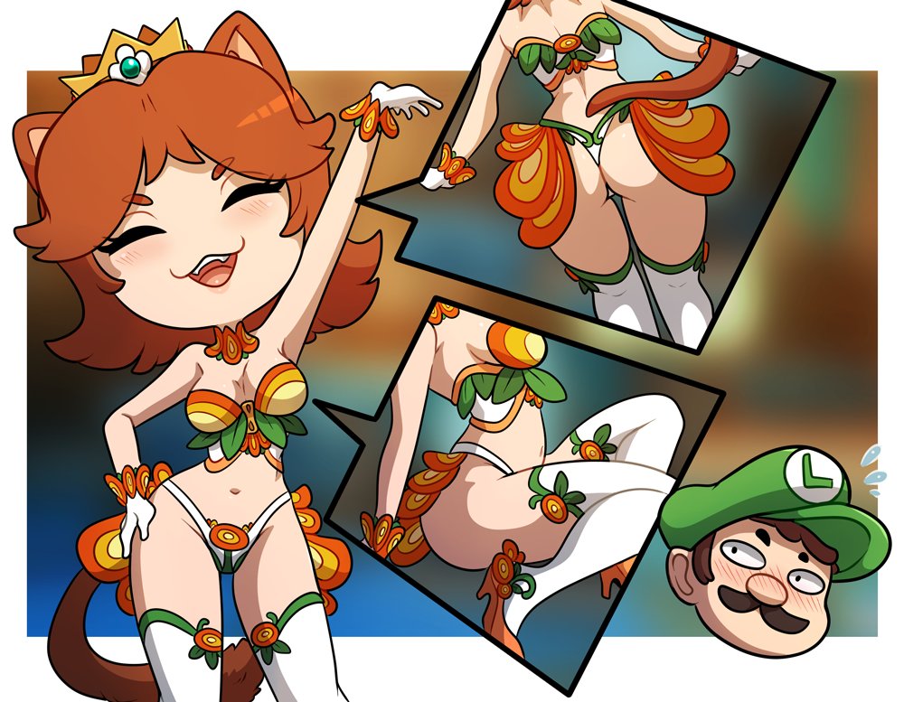 1boy 1girls :3 arm_up ass blush brown_hair cat_ears cat_tail catgirl chibi closed_eyes crown fangs female fire_flower gloves hand_on_hip heavy_blush heels kinkymation lingerie long_hair luigi male mario_(series) nintendo princess_daisy smile smiling super_mario_bros. tail thighhighs white_thighhighs