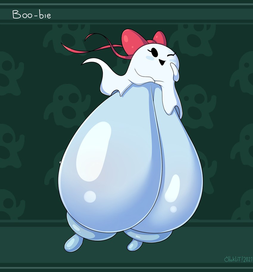 1girls, areola, ball with hyper features, big breasts, boo-bie (dumplis), breasts, breasts bigger than head, eyelashes, female, female only, ghost, ghost girl, hairbow, hanging breasts, huge areolae, huge nipples, hyper, hyper breasts, long nipples, looking at viewer, massive breasts, mob face, naked, nipples, nude, one eye closed, smile, spirit, tasteofchoklit, wink