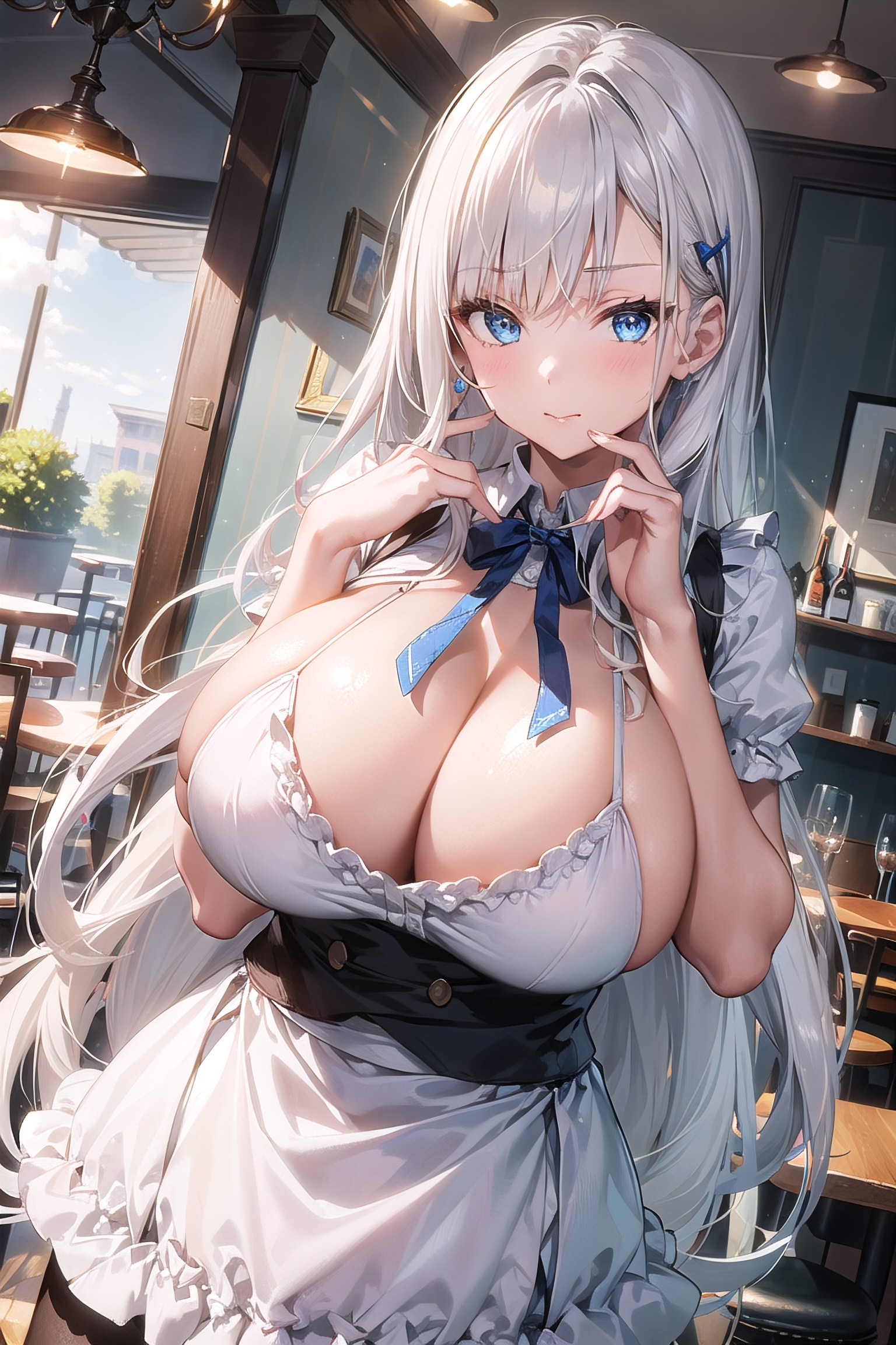 ai generated, breasts, curvy body, curvy female, curvy figure, female, huge breasts, long hair, looking at viewer, maid, solo female, solo focus, stable diffusion, voluptuous female, waitress, white hair