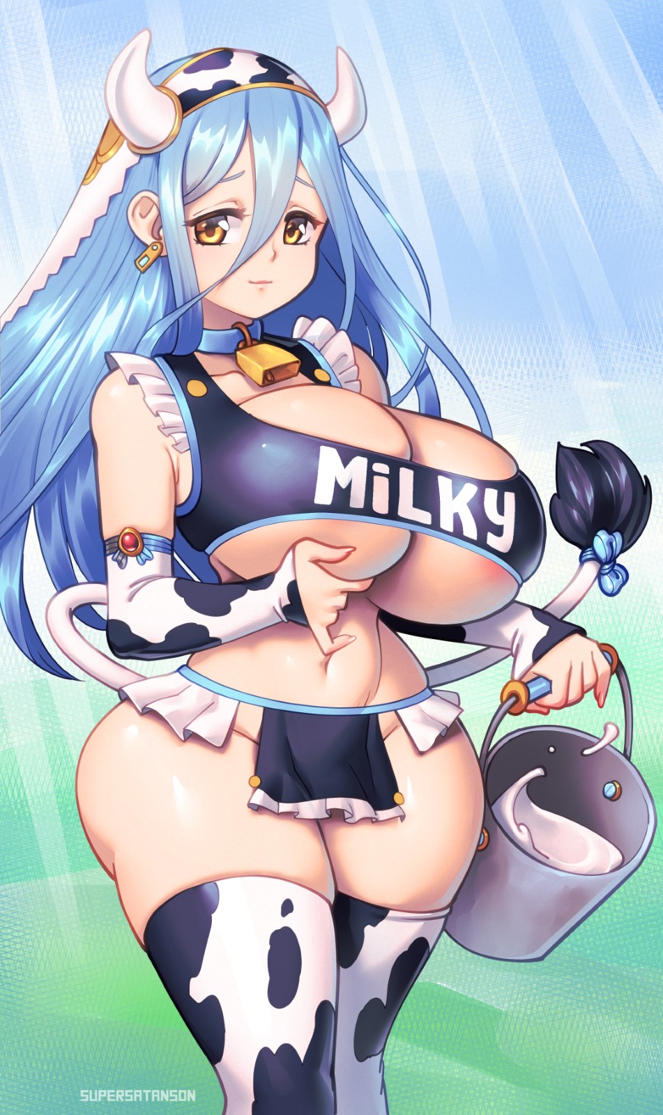 1girls, ass, azura (fire emblem), bare midriff, bare thighs, bell collar, big ass, blue hair, breasts, bucket, cleavage, collar, cow girl, curvy, ear piercing, female, female only, fire emblem, fire emblem fates, hair between eyes, hourglass figure, huge breasts, light blue hair, long hair, looking at viewer, midriff, milk, nintendo, pelvic curtain, revealing clothes, smile, solo, supersatanson, thick thighs, thighhighs, thighs, underboob, voluptuous, yellow eyes