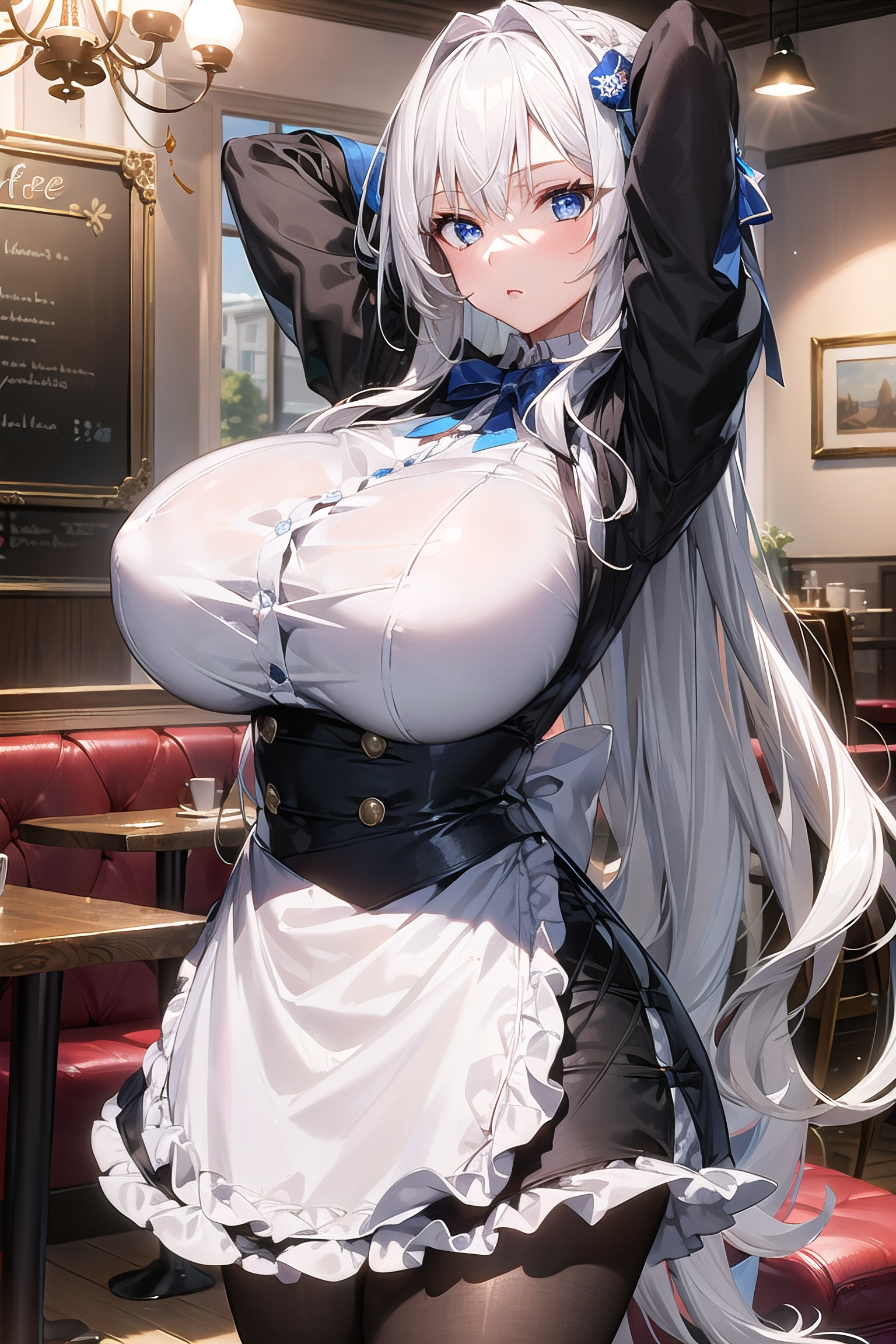 1girls, ai generated, breasts, curvaceous, curvy body, curvy female, female, female only, huge breasts, long hair, maid, solo female, solo focus, stable diffusion, voluptuous, voluptuous female, waitress, white hair