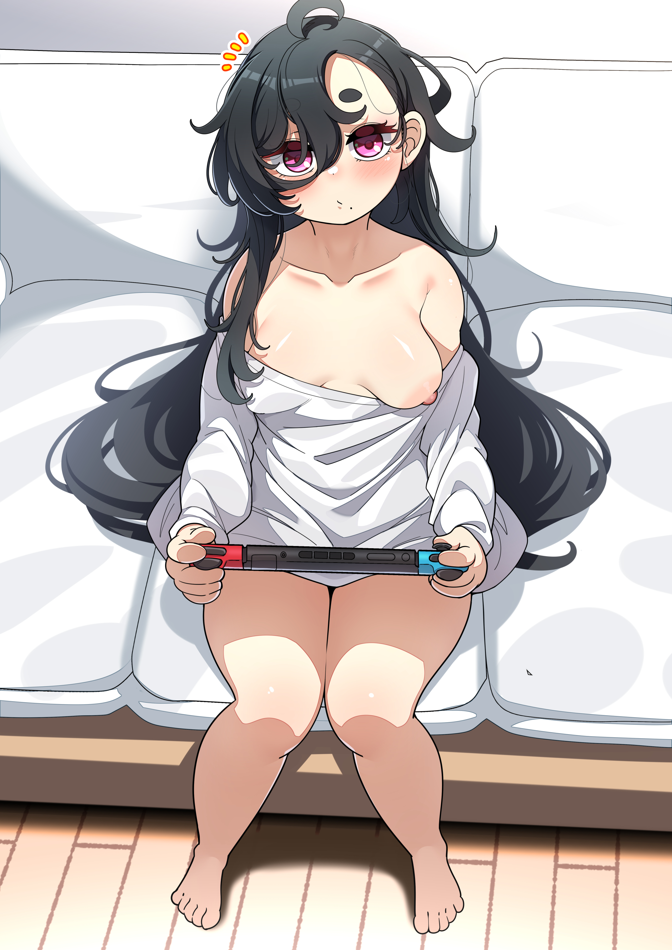 1girls, absurdres, ahoge, black hair, blush, bottomless, breasts, collarbone, couch, curvy, downer kid (konoshige), female, female focus, female only, full body, head tilt, highres, indoors, konoshige (ryuun), long hair, looking at viewer, medium breasts, messy hair, mole, mole under mouth, nintendo switch, nipple slip, nipples, no bra, one breast out, original, pink eyes, ryuun (stiil), shiny skin, solo, thick eyebrows, thick thighs, thighs, very long hair, wide hips